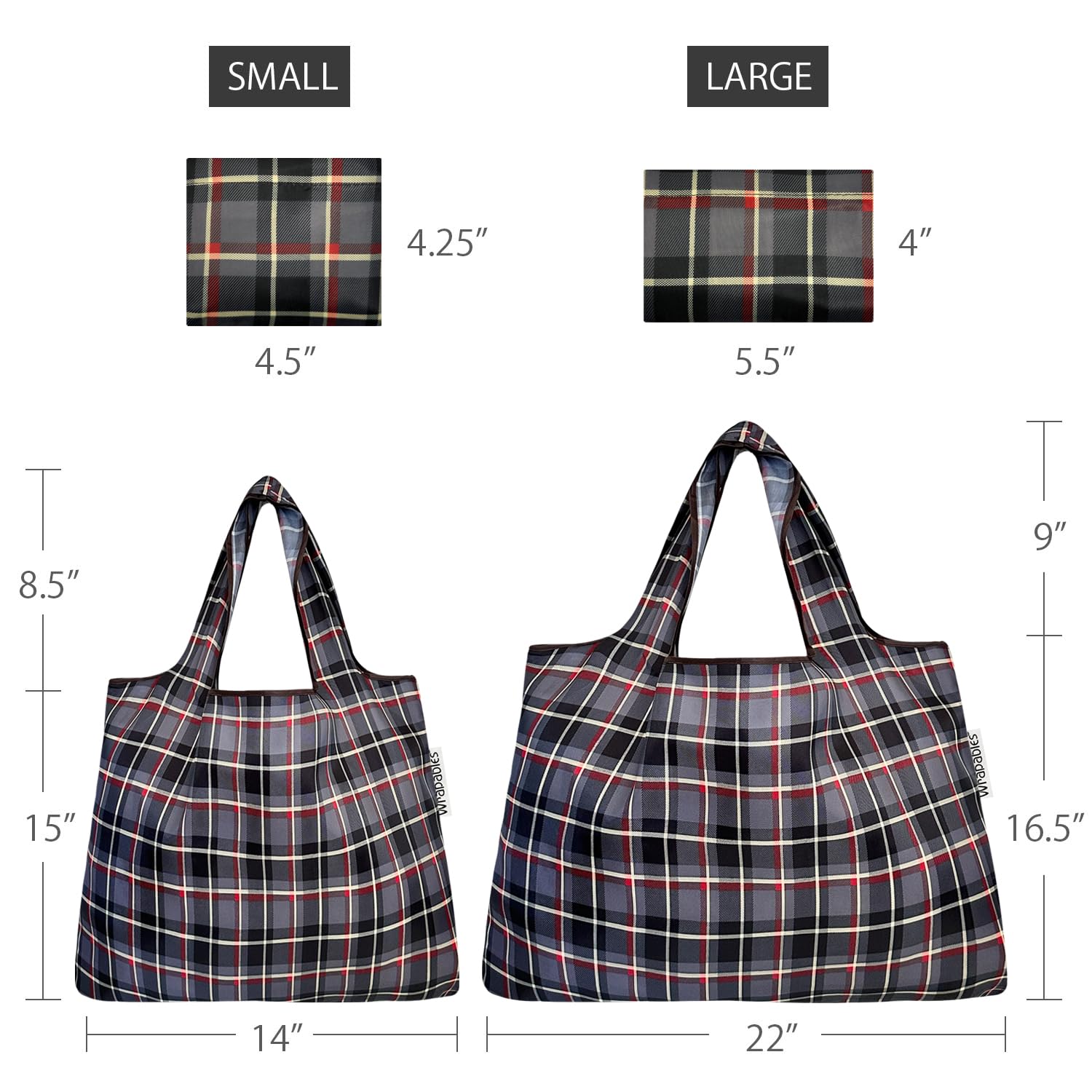 Allydrew Large & Small Foldable Tote Nylon Reusable Grocery Bags, Set Of 2, Black Plaid