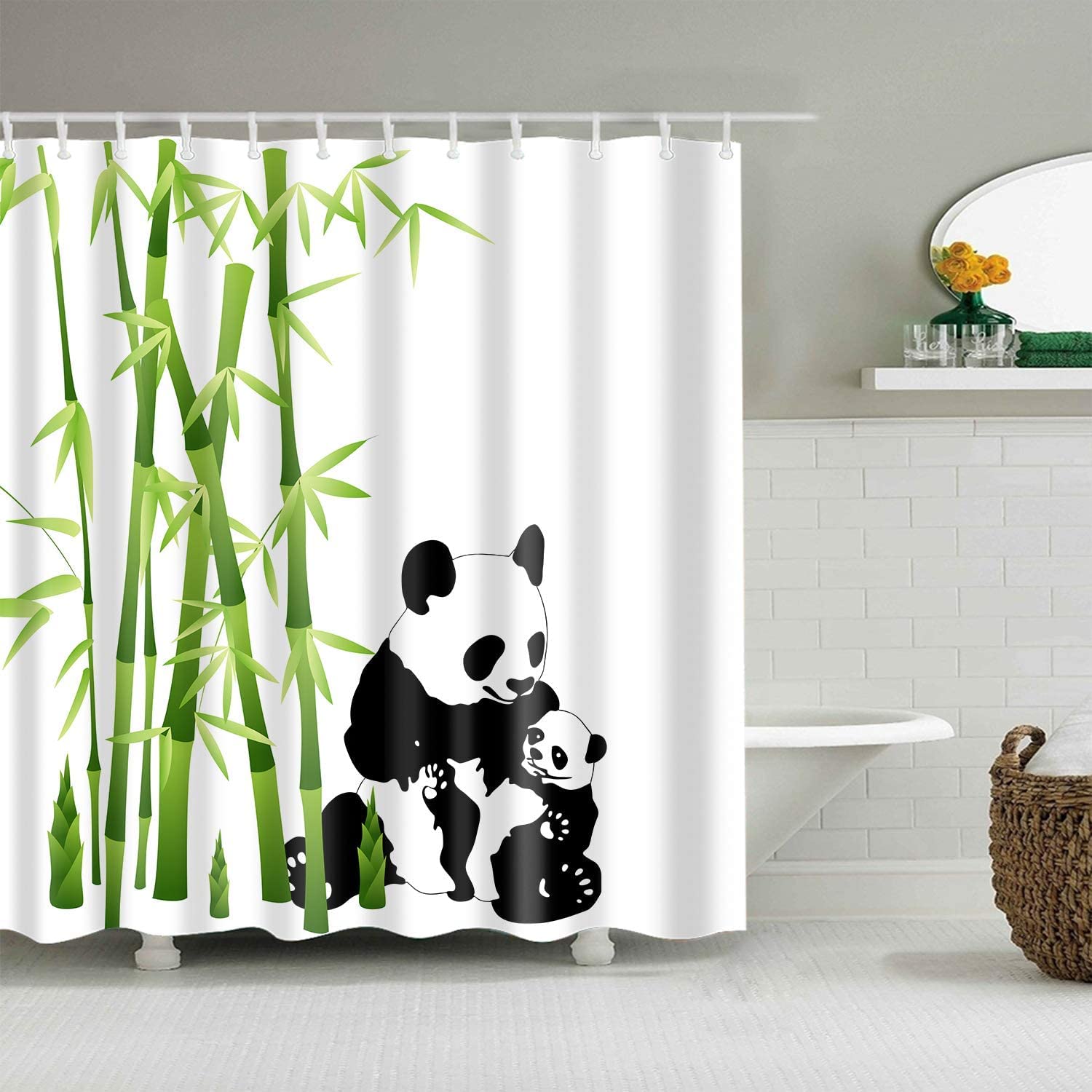 Animal Photography Shower Curtain, Panda With Baby Panda Eating Bamboo Curtains Waterproof Colorful Cloth Fabric Durable Shower