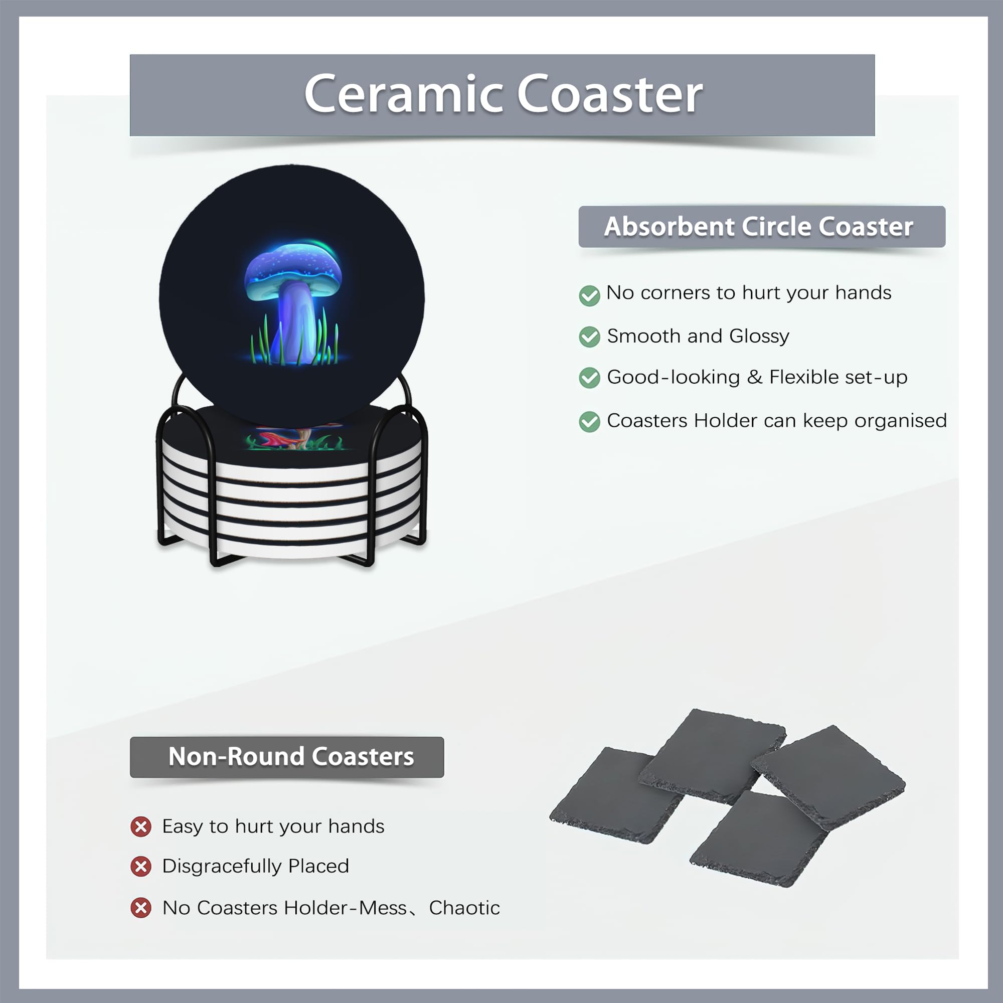 6 Pcs Coasters For Drinks With Holder,Magical Glowing Mushrooms Absorbent Coaster With Cork Backing,Great Gift For Housewarming,