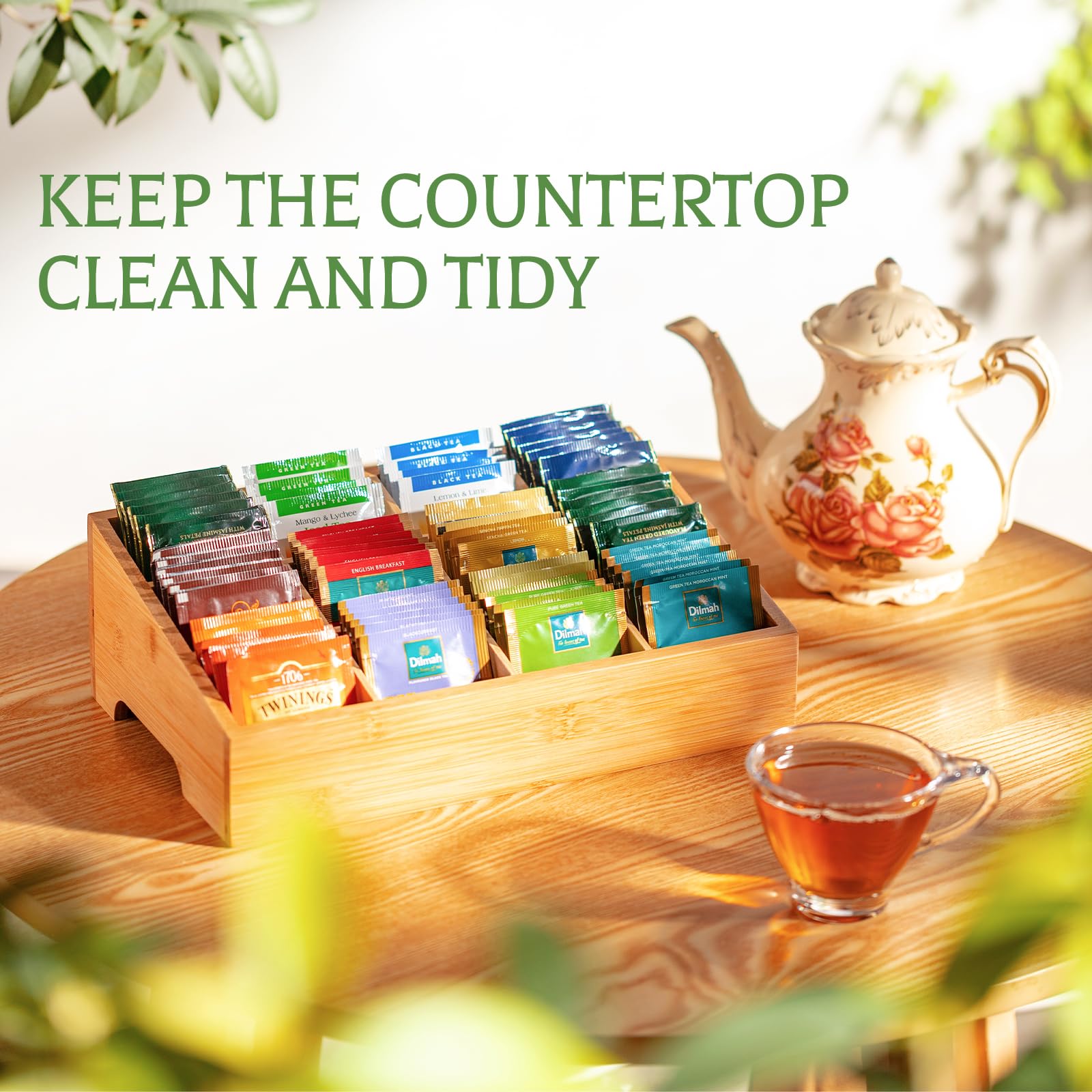 Timieeya Tea Bag Organizer - Bamboo Tea Storage Organizer With 12 Compartments, 1 Layer Tea Organizer For Tea Bags Natural Bambo