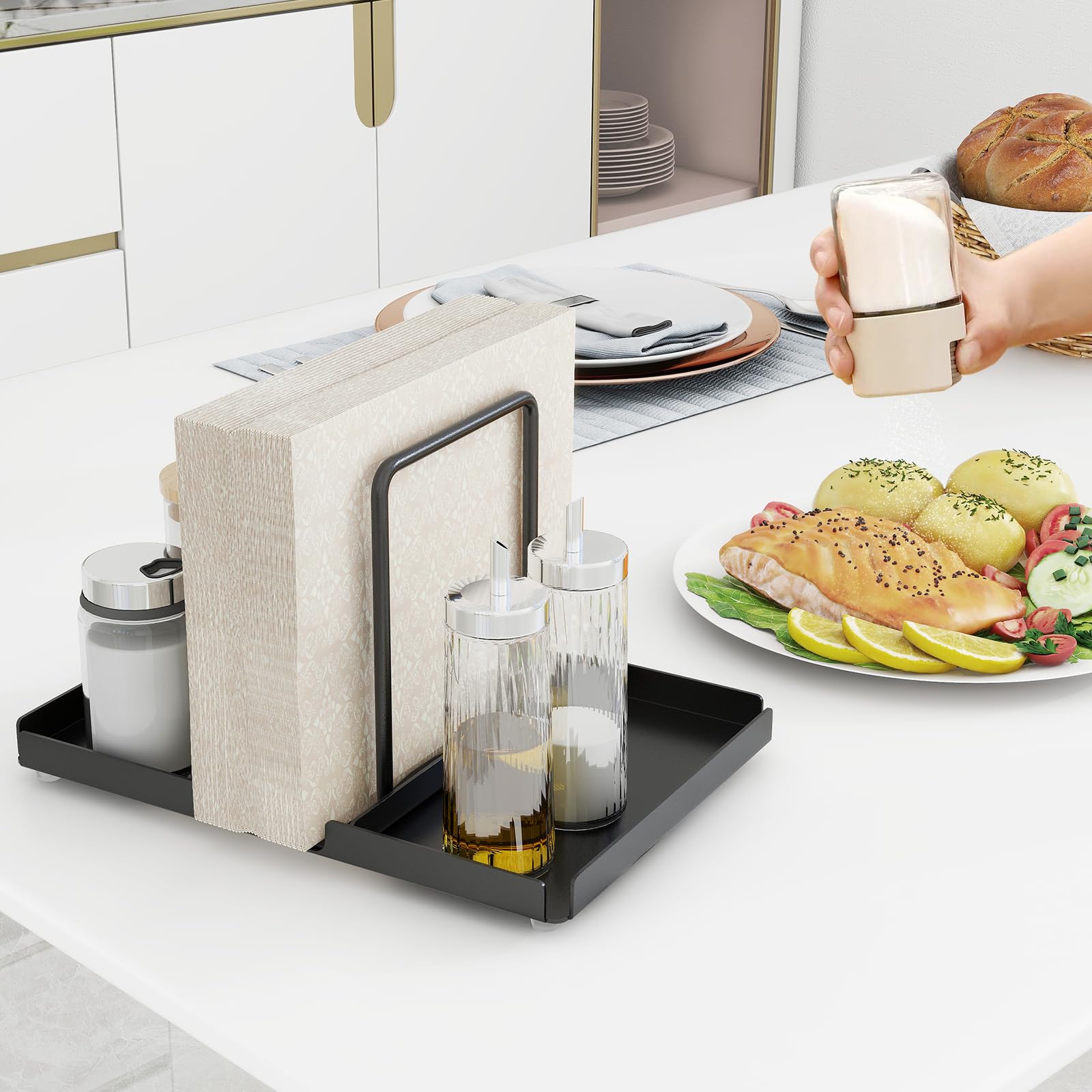 Napkin Holder For Table, Metal Napkin Holder With Salt And Pepper Shakers Caddy, Standing Paper Napkin Storage For Kitchen Dinin