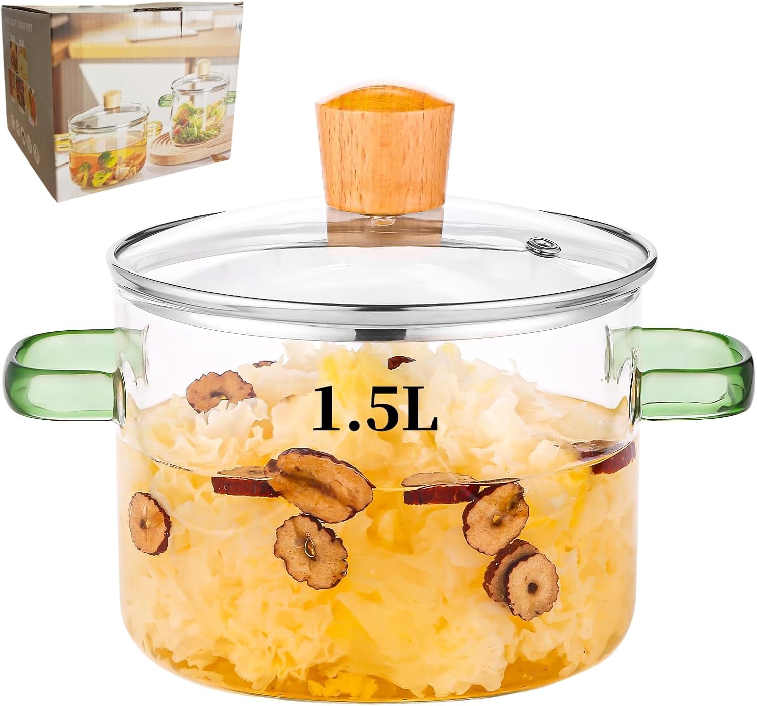Myna Life Clear Cooking Pots 1.5L High Borosilicate Cooking Pot,Cooking Pots For Stove Top Glass Saucepan, Glass Pot With Lid Fo