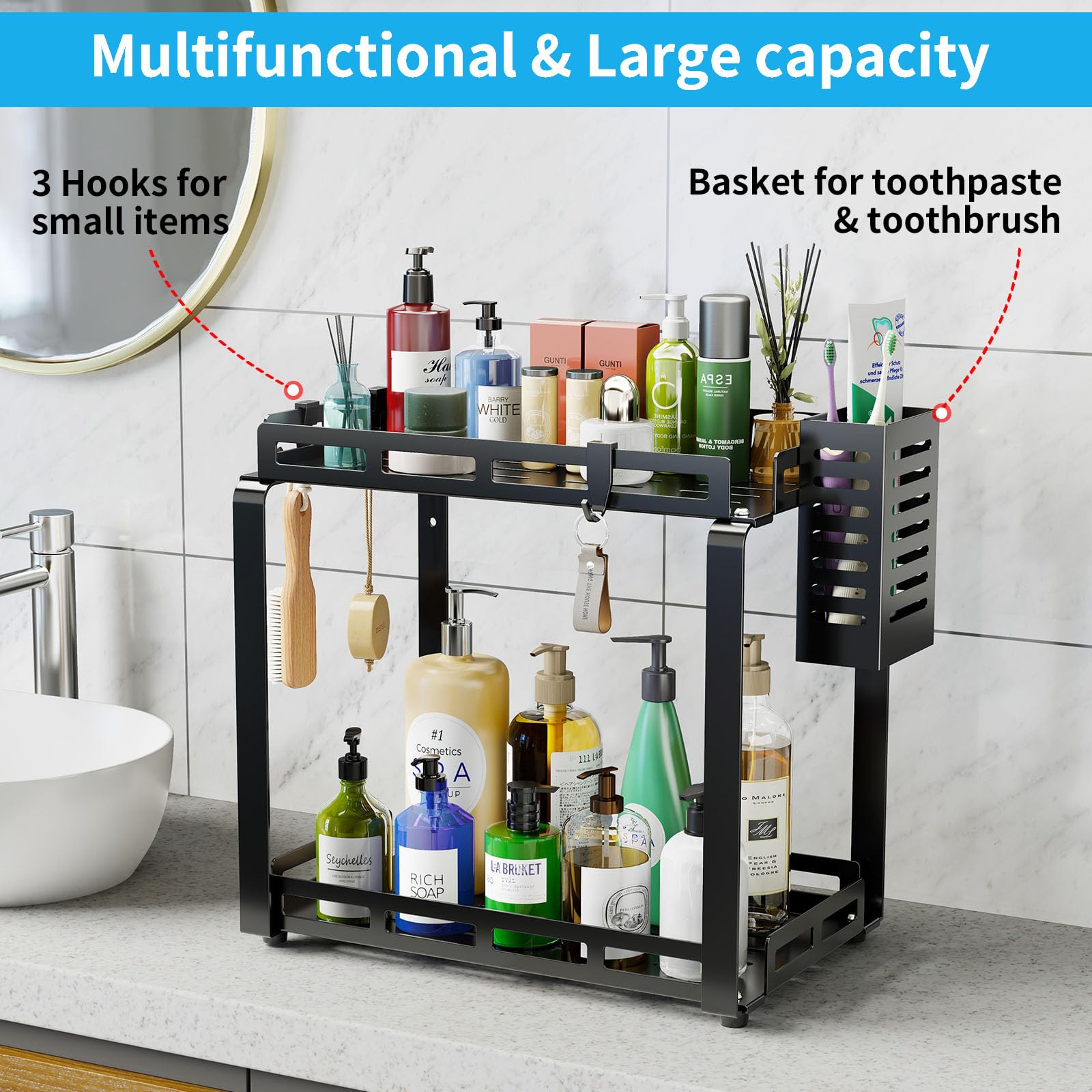 Junyuan Spice Rack For Kitchen Counter,2 Tier Bathroom Countertop Organizer With Basket, Bathroom Shelves, Wall Mount Bathroom S
