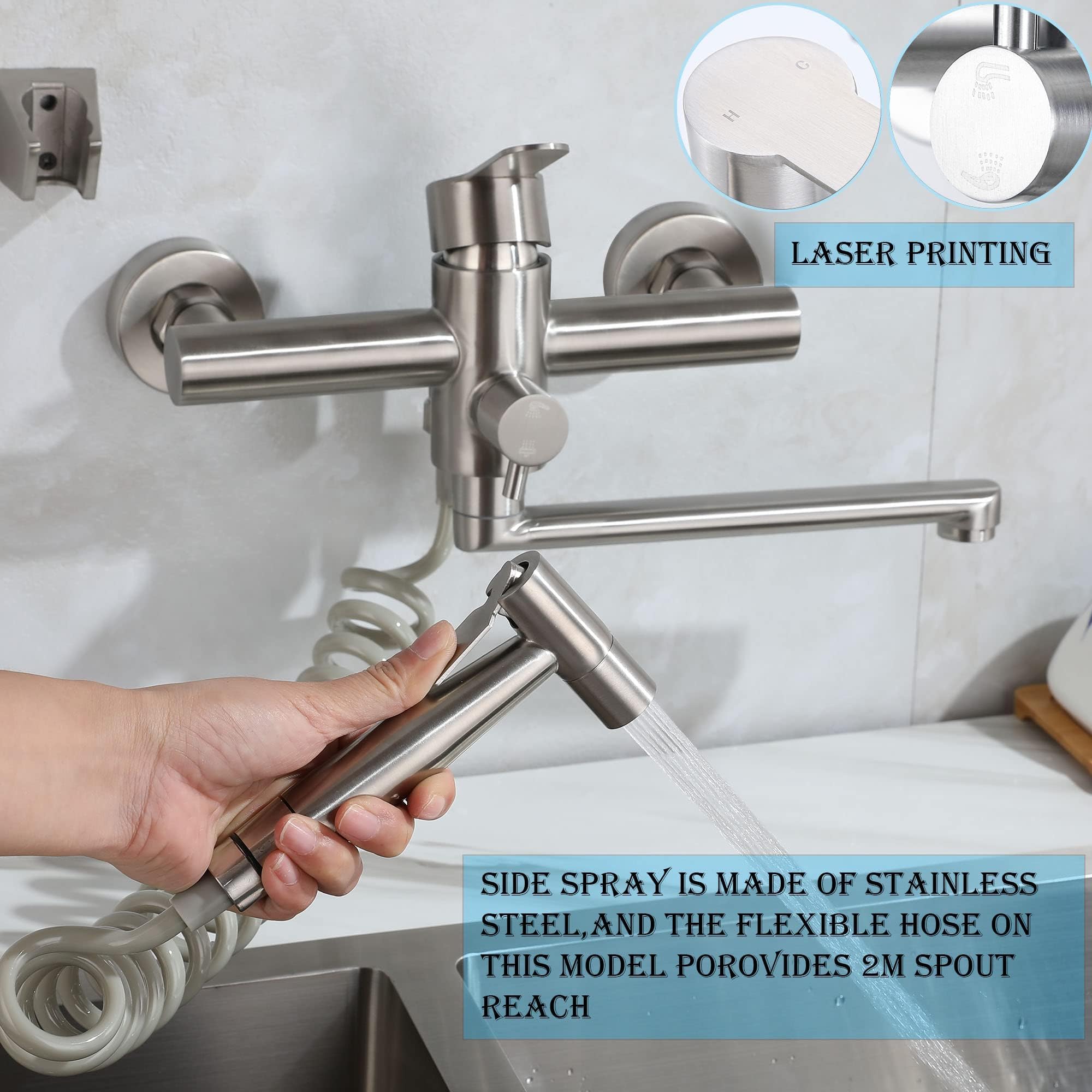 Zhyich Wall Mount Kitchen Sink Faucet With Side Sprayer, Commercial Faucet, Nickel Brushed Unility Sink Faucet, Mixer Tap, 7.7-8