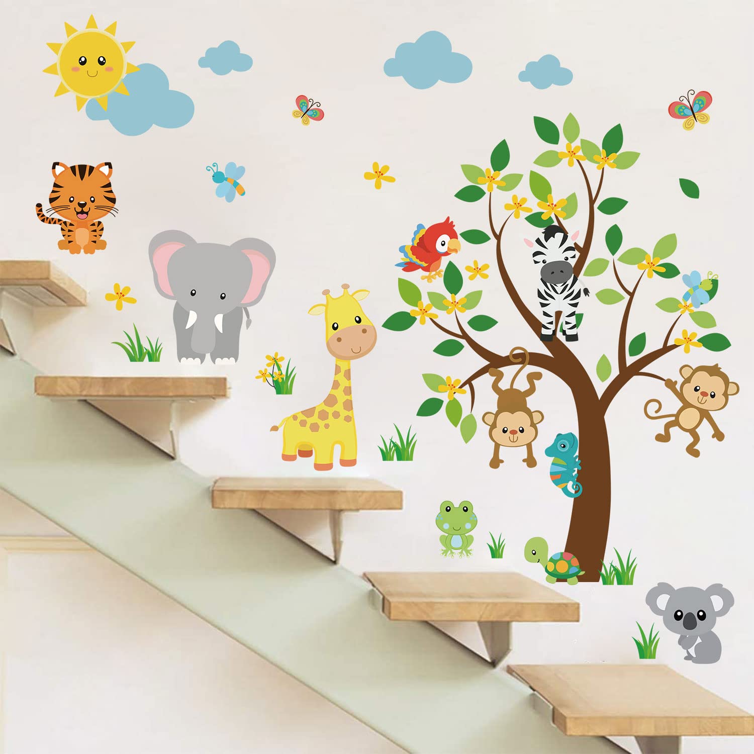 Supzone Jungle Animal Wall Stickers Monkey Tree Wall Decals Elephant Giraffe Tiger Wall Sticker For Kids Girls Boy Baby Nursery
