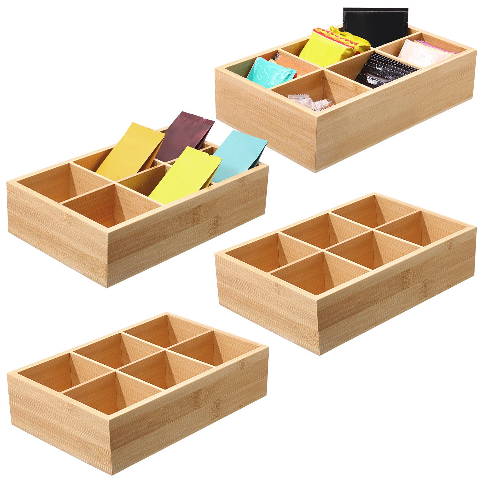4 Pcs Bamboo Divided Storage Organizer Bamboo Container With 6 Compartments Wood Food Storage Bin Wooden Tea Drawer Box Bamboo P