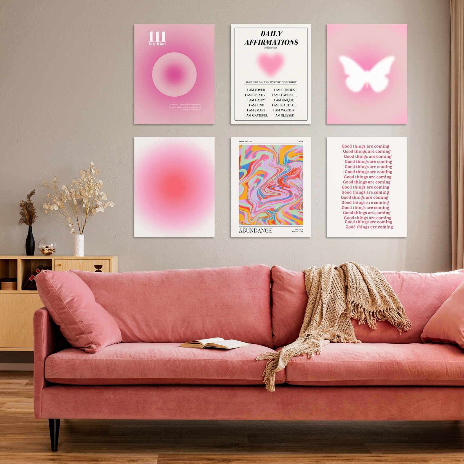 Habseligkeit Pink Wall Art Prints, Abstract Gradient Wall Posters, Buttefly Wall Art, Pink Room Decor For Aesthetic Bedroom 11X1