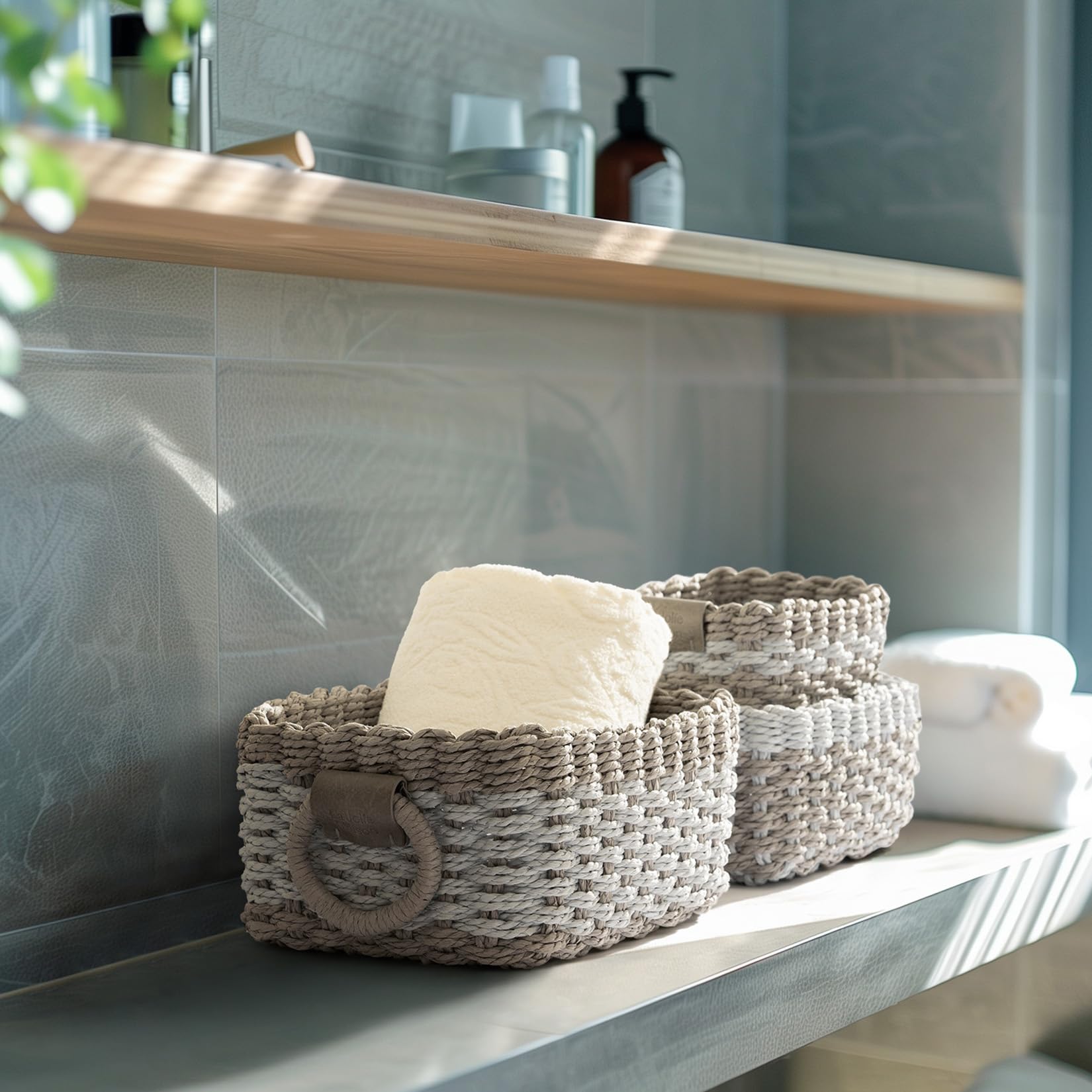 La Jolie Maison Small Light Blue And Gray Wicker Baskets Set Of 3, Paper Rope Storage Baskets With Handle, Small Woven Baskets F