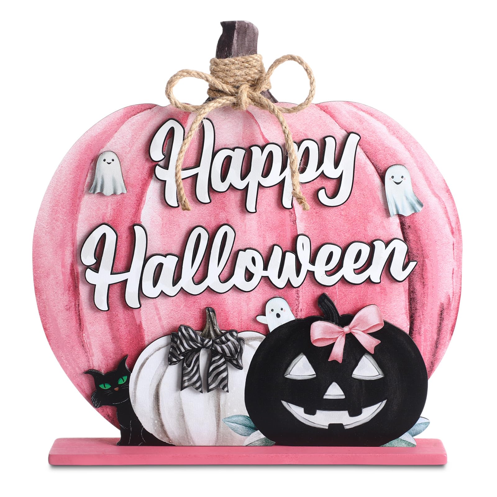 Soaoo Halloween Decoration Wooden Pink Pumpkin Sign Scary Pumpkin Table Decor 11 Inch Wooden Happy Halloween Desktop Ornament fo