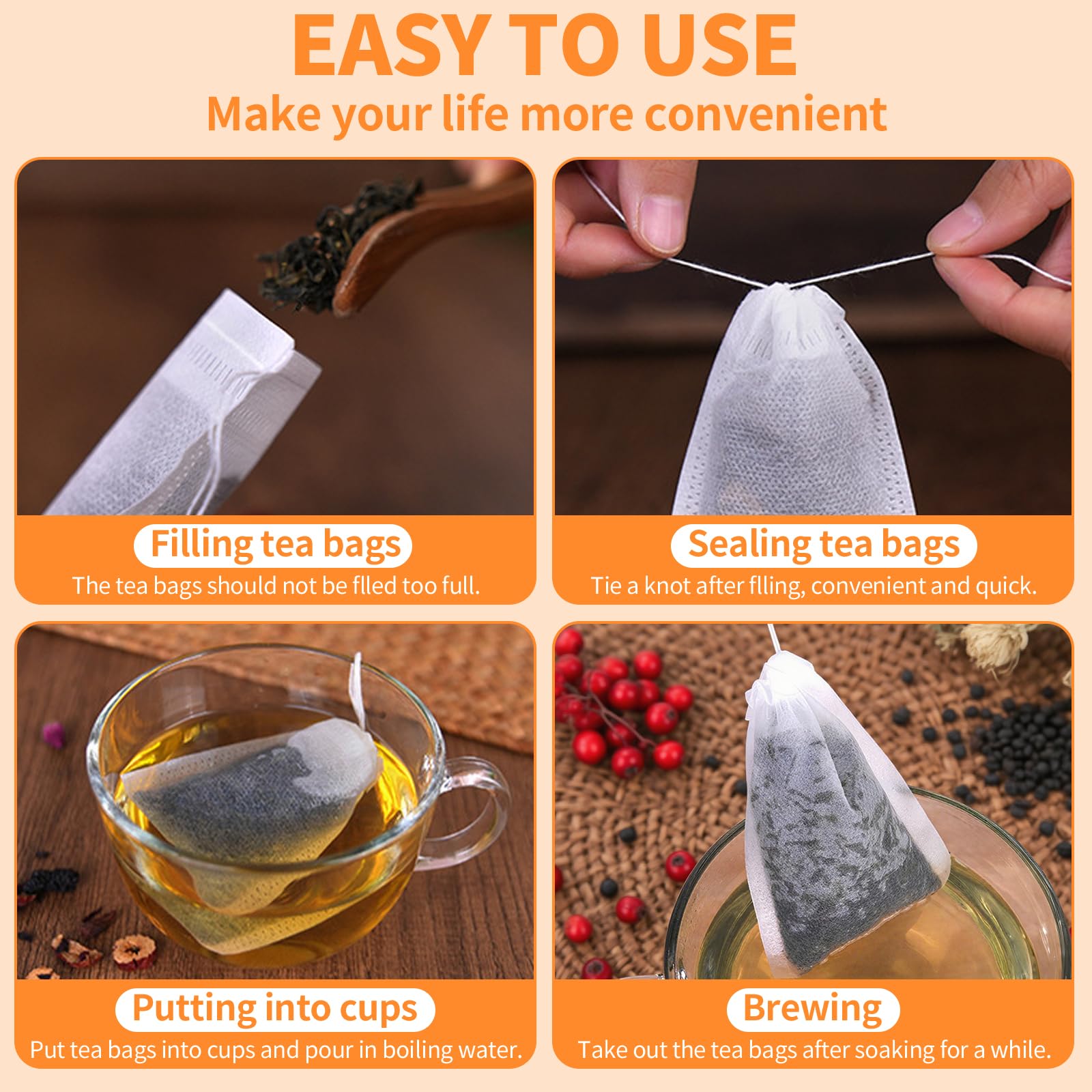 TamBee 8'' x 10'' Tea Bags Disposable Bag Reusable Tea Bags for Loose Tea Empty Drawstring Seal String Bag 100 Pcs