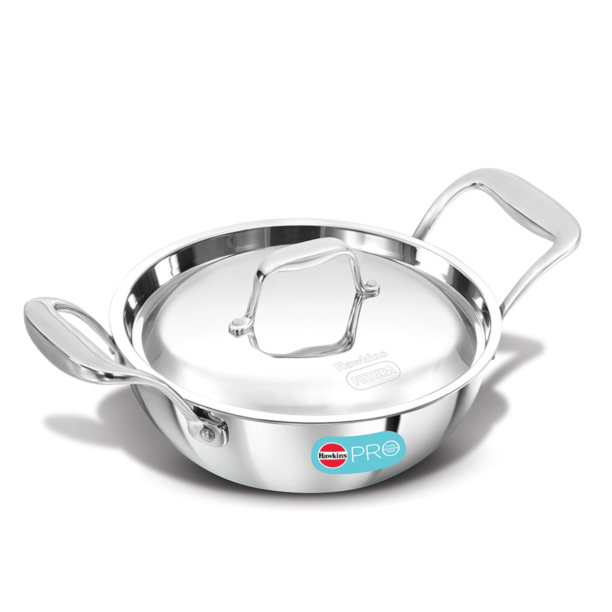 Hawkins Pro 1.5 Litre Deep-Fry Pan, Triply Stainless Steel Kadhai With Steel Handles And Steel Lid, Small Kadhai, Silver (Psk15S