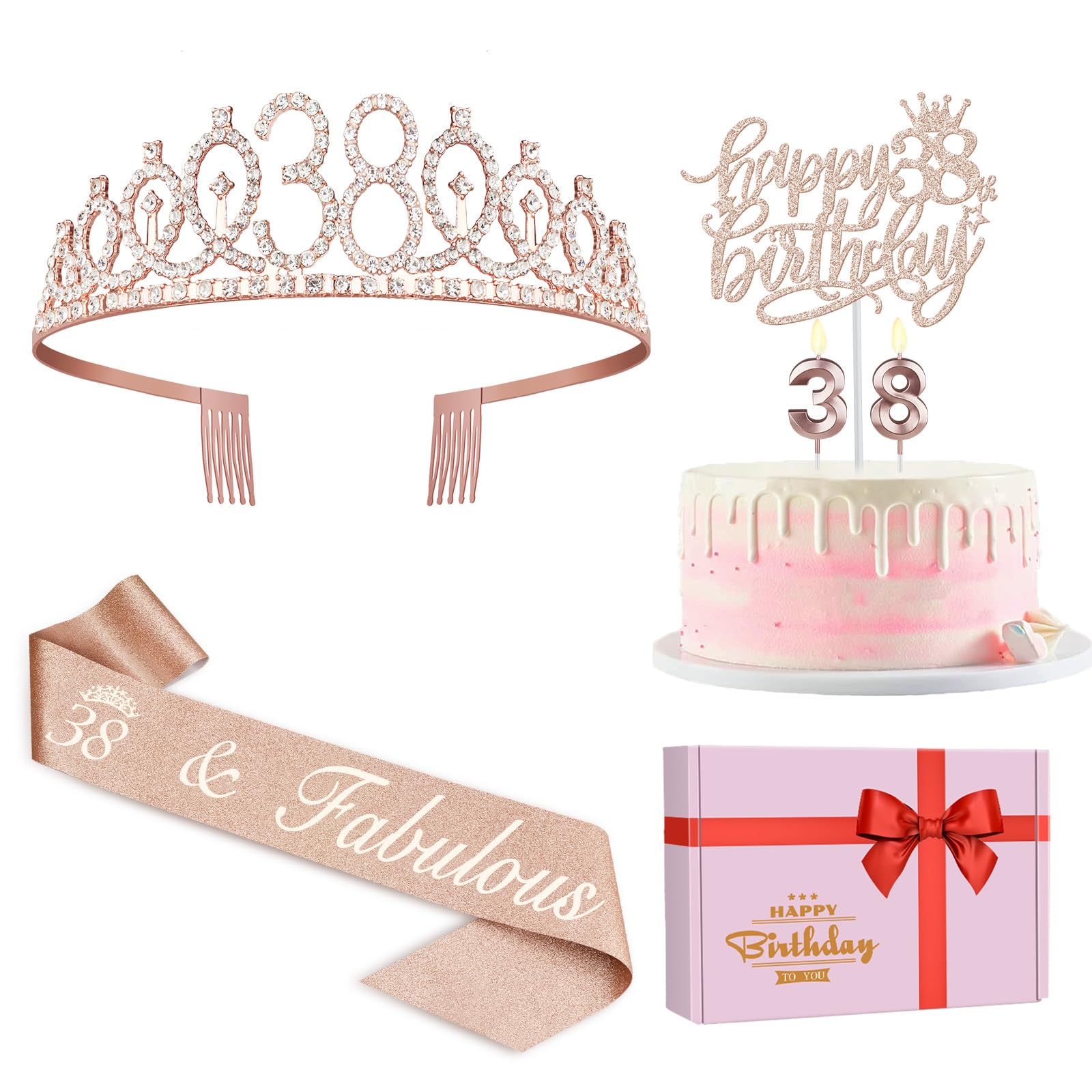 38Th Birthday Decorations For Women Including 38Th Birthday Sash, Tiara/Crown, Numeral 38 Candles And Cake Topper, Rose Gold 38T
