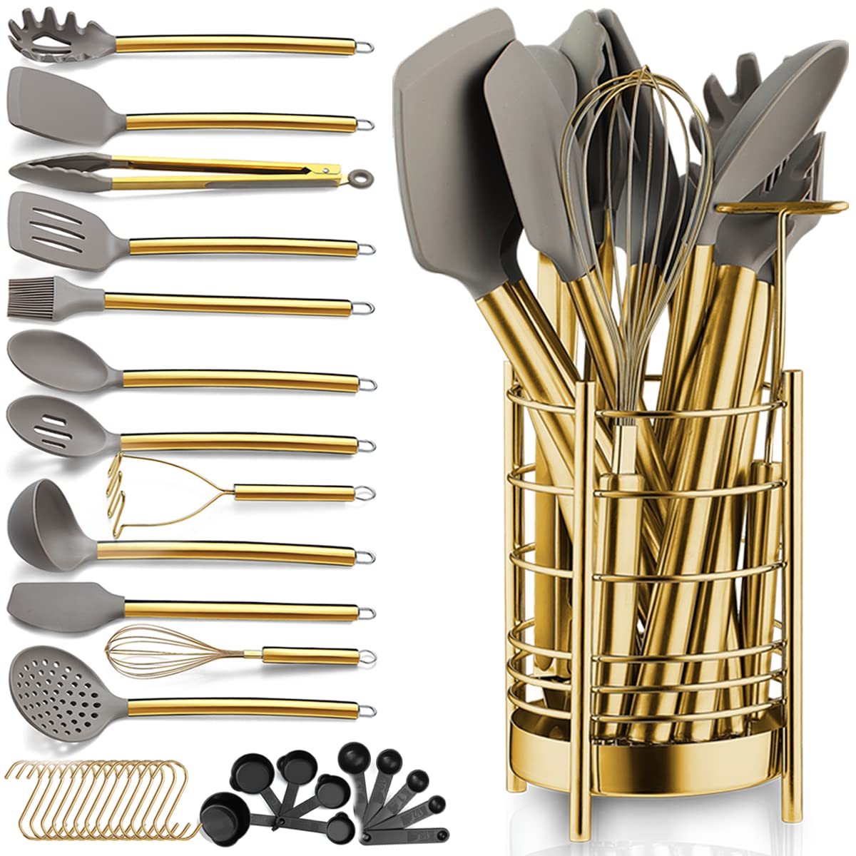 Gold Kitchen Utensils Set, Berglander 38 Pieces Non-Stick Silicone Cooking Tools Spoon Spatula Set With Sturdy Stainless Steel U