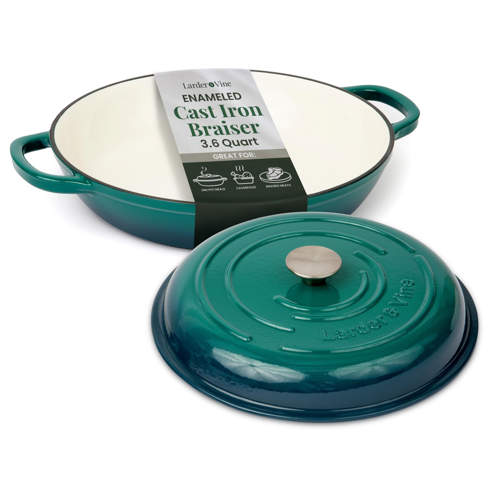Larder & Vine Enameled Cast Iron Braiser | 3.6 qt Braiser Pan with Lid | Shallow Dutch Oven Compatible on All Cooktops | Cassero