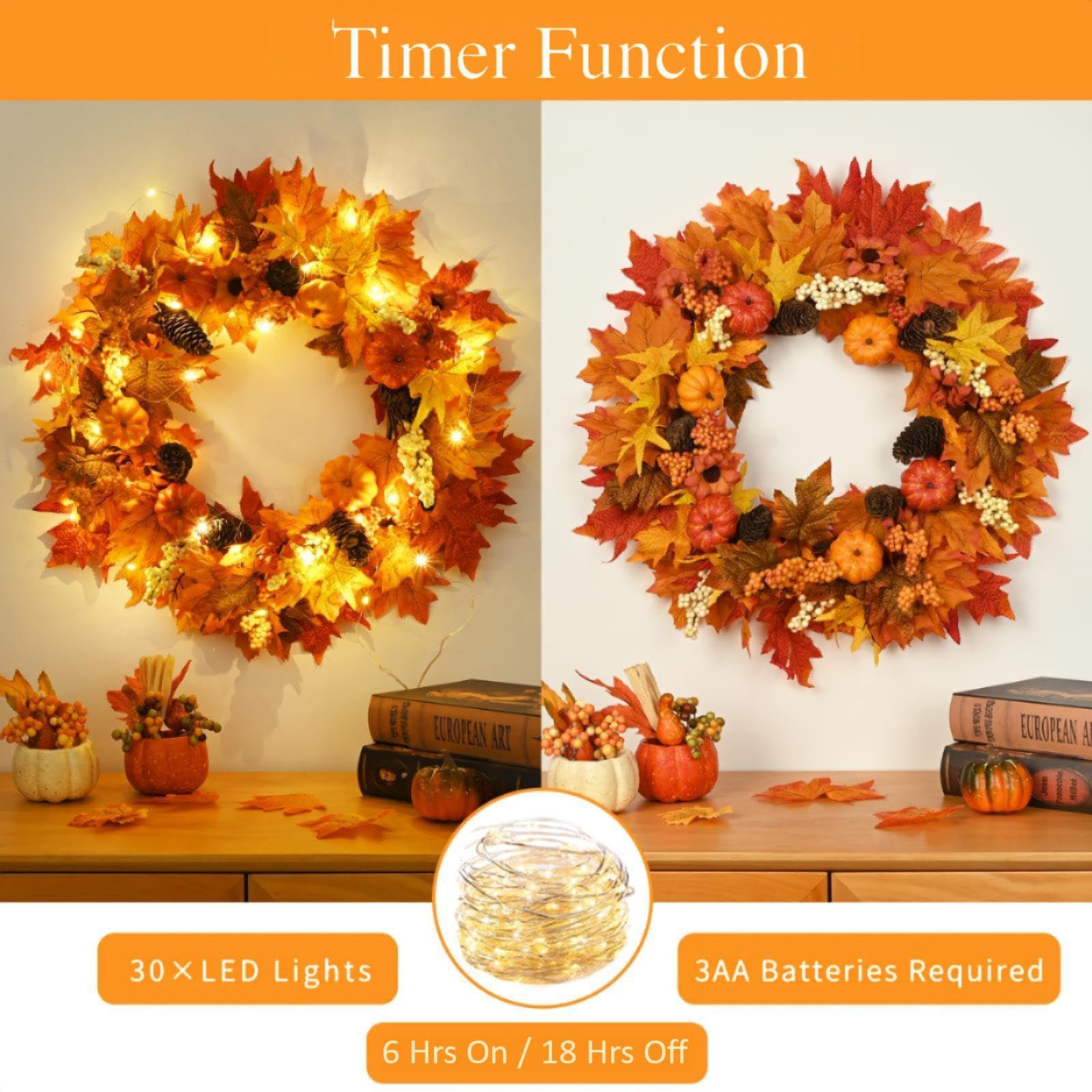 Waipfaru Fall Decor, 2 Pack Fall Wreaths for Front Door, Autumn Wreath with Lights and Welcome Sign, 20 Outdoor Reef for Thank