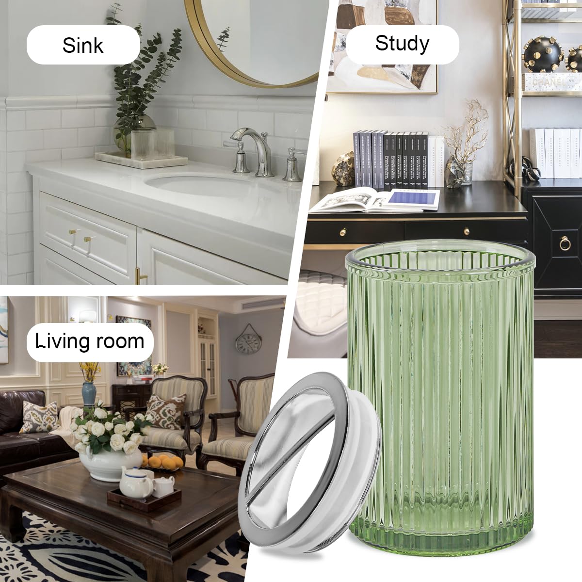 Tonxus Green Toothbrush Holders for Bathrooms, 2pcs Glass Toothbrush Holder and 12oz Bathroom Tumbler Cup Set, Silver Tooth Brus