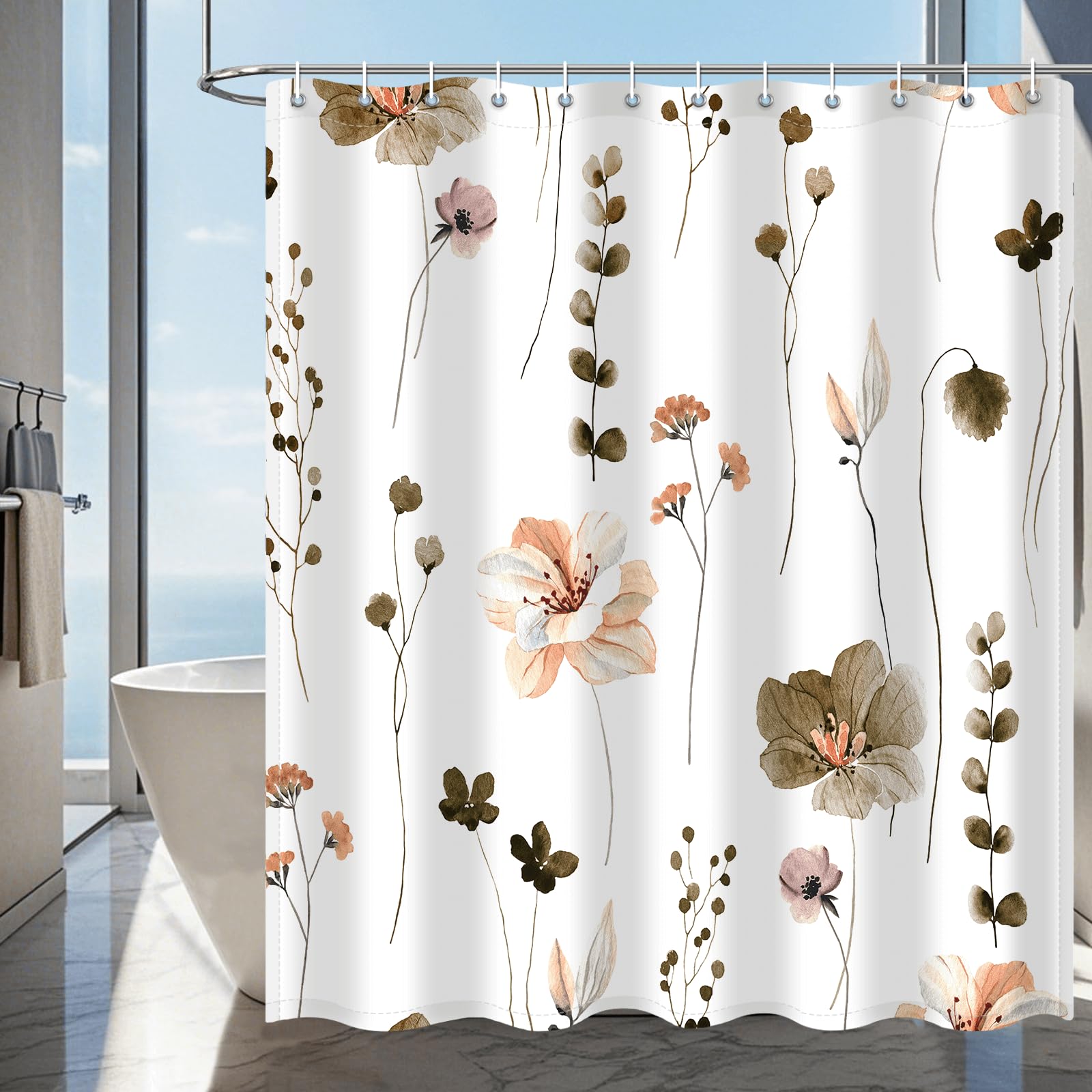 Shower Curtain Watercolor Flower Shower Curtain Sets - Spring Khaki Floral Plant Shower Curtains For Bathroom, Washable Modern F