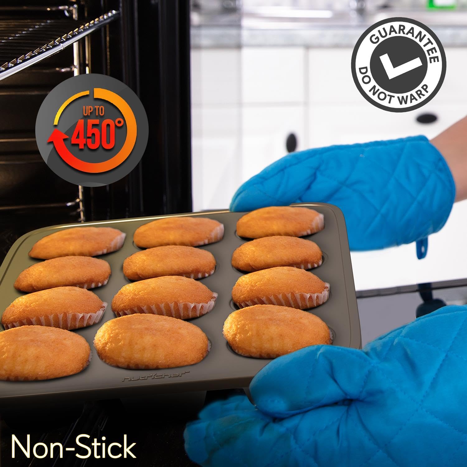 Nutrichef 2-Piece Nonstick Muffin Pan Set - Carbon Steel Cupcake Baking Pans With 12 Cups - 15 Inch X 11 Inch Baking Tray Set -