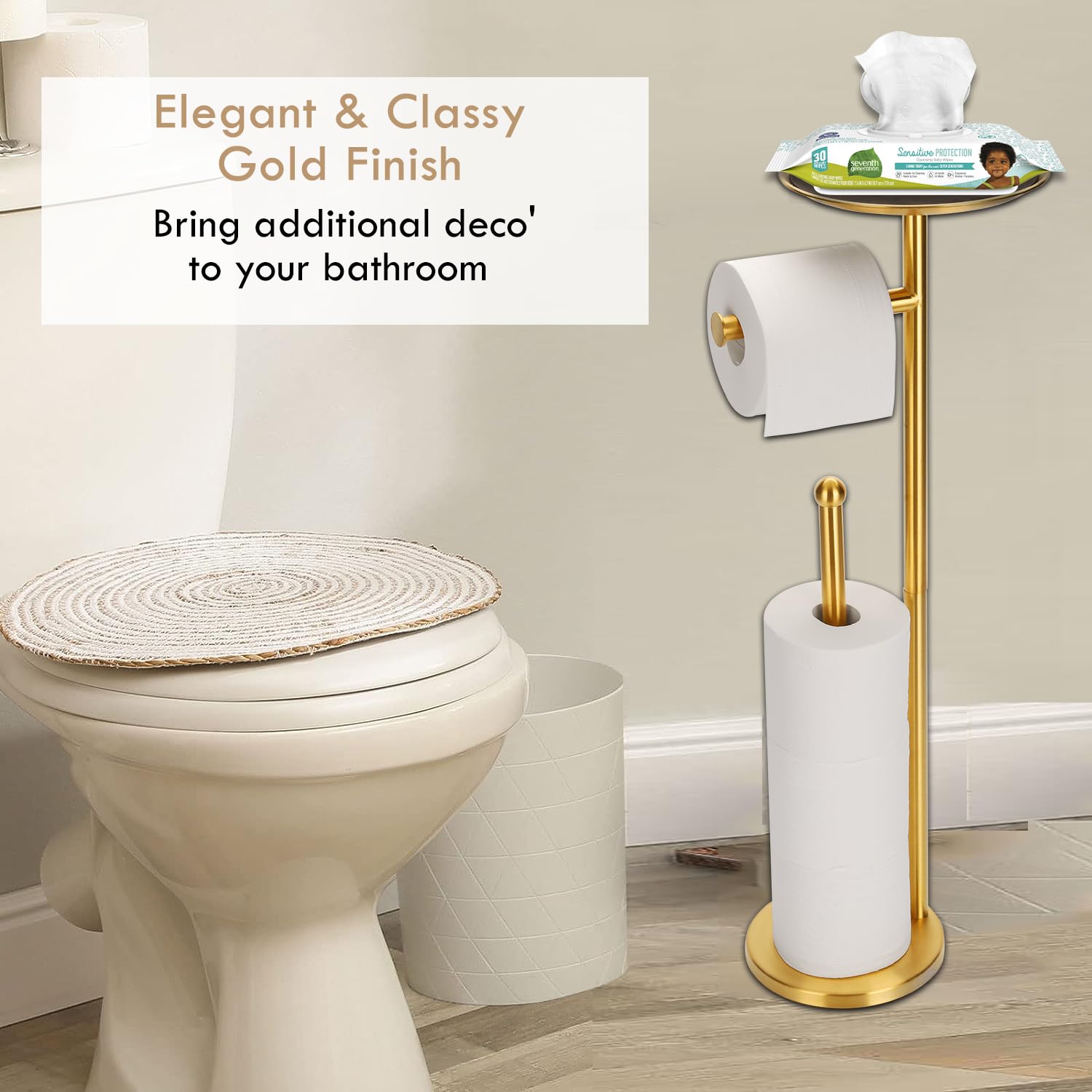 Kalitro Toilet Paper Holder Freestanding With Big Shelf, 4 Rolls Reserve Paper Holder Stand, Modern Paper Roll Holder With Stora