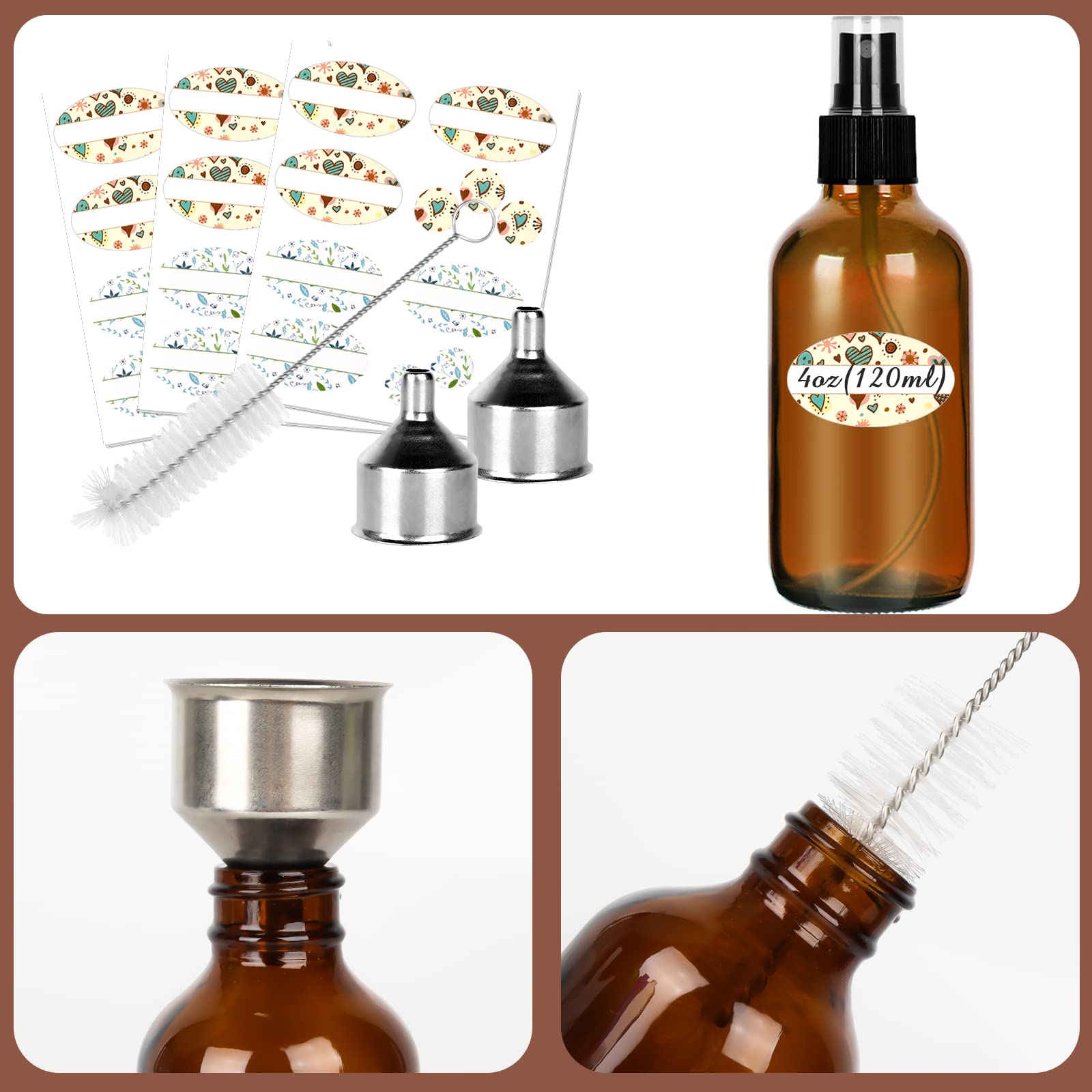 Cyclemore 120Ml 16Pcs 4Oz Amber Glass Spray Bottles With Fine Mist Sprayers, Glass Travel Bottles For Cosmetic Essential Oils Cl