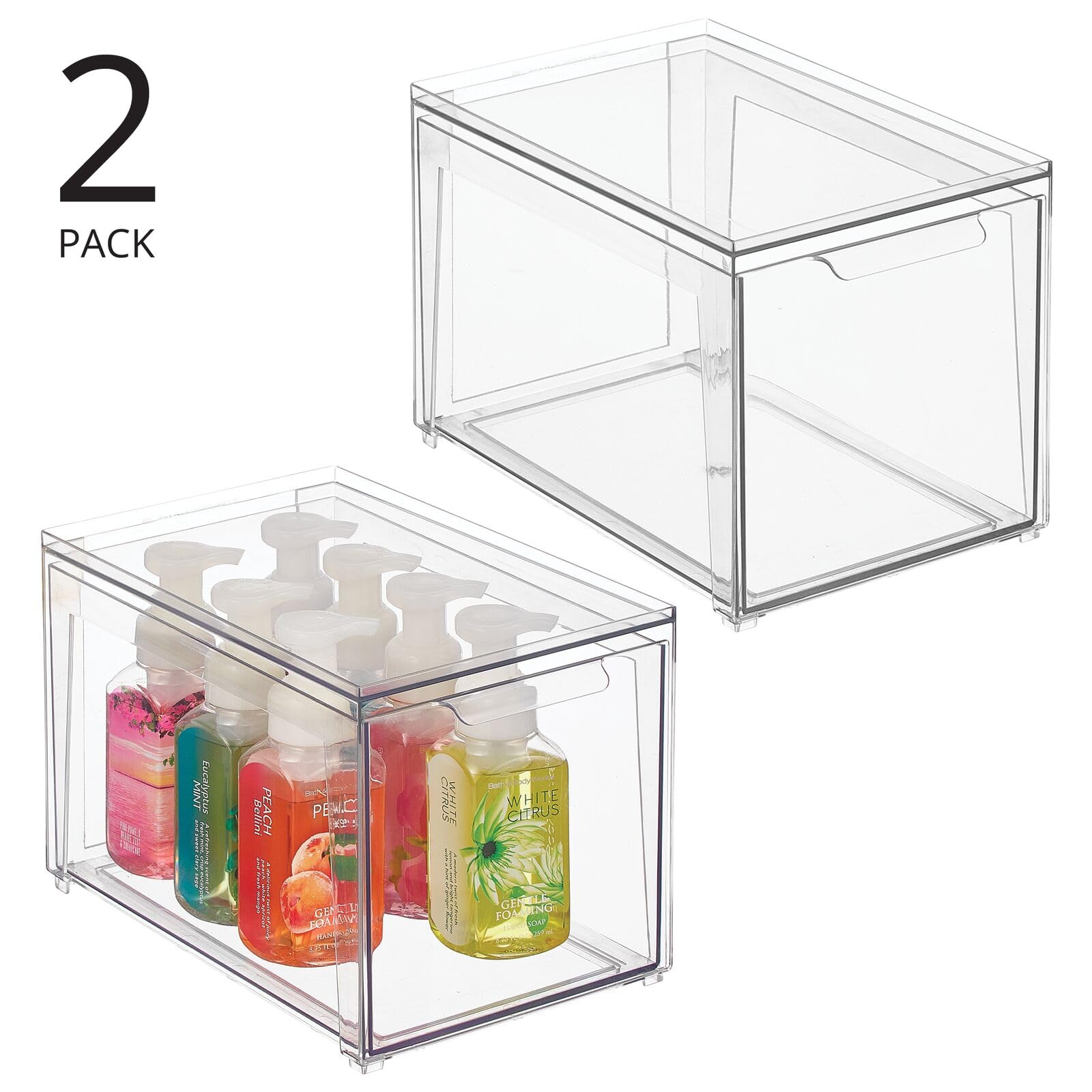 mDesign Plastic Stackable Bathroom Storage with Pull Out Bin Organizer Drawer for Cabinet  Vanity  Shelf  Cupboard  Cabinet  or Closet Organization - Lumiere Collection - 2 Pack - Clear