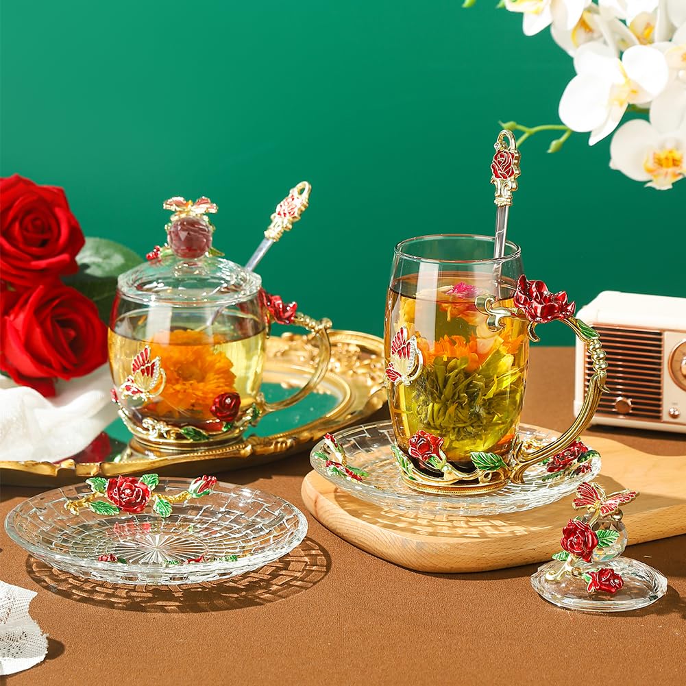 Lantree Fancy Glass Tea Cup With Lid Saucer Spoon Flower Coffee Mug Unique Birthday Gift For Friend Female Mother-In-Low Daughte