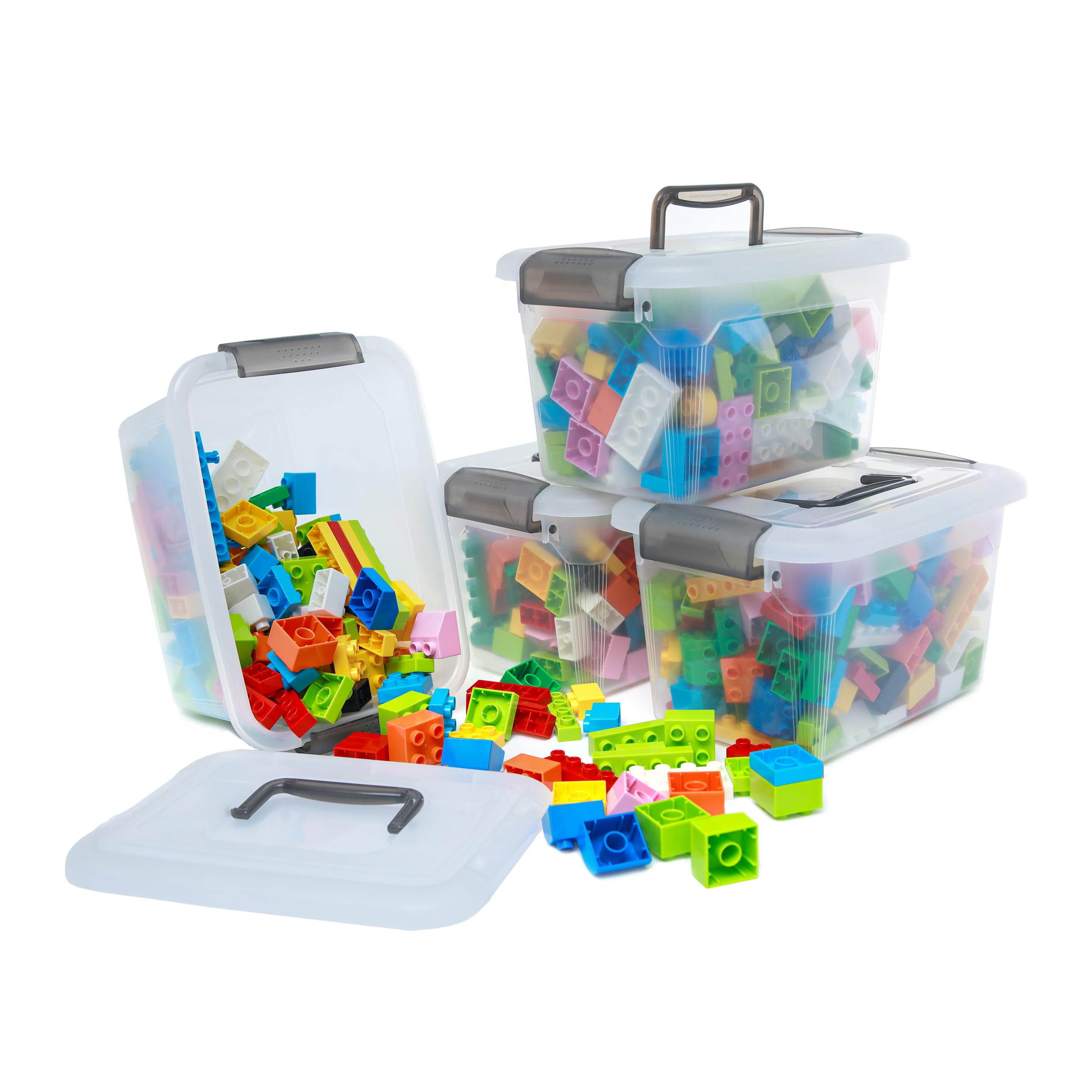 Citylife 4 Packs 5.3 QT Storage Bins with Lids Clear Plastic Bins with Grey Handle Stackable Storage Containers for Organizing
