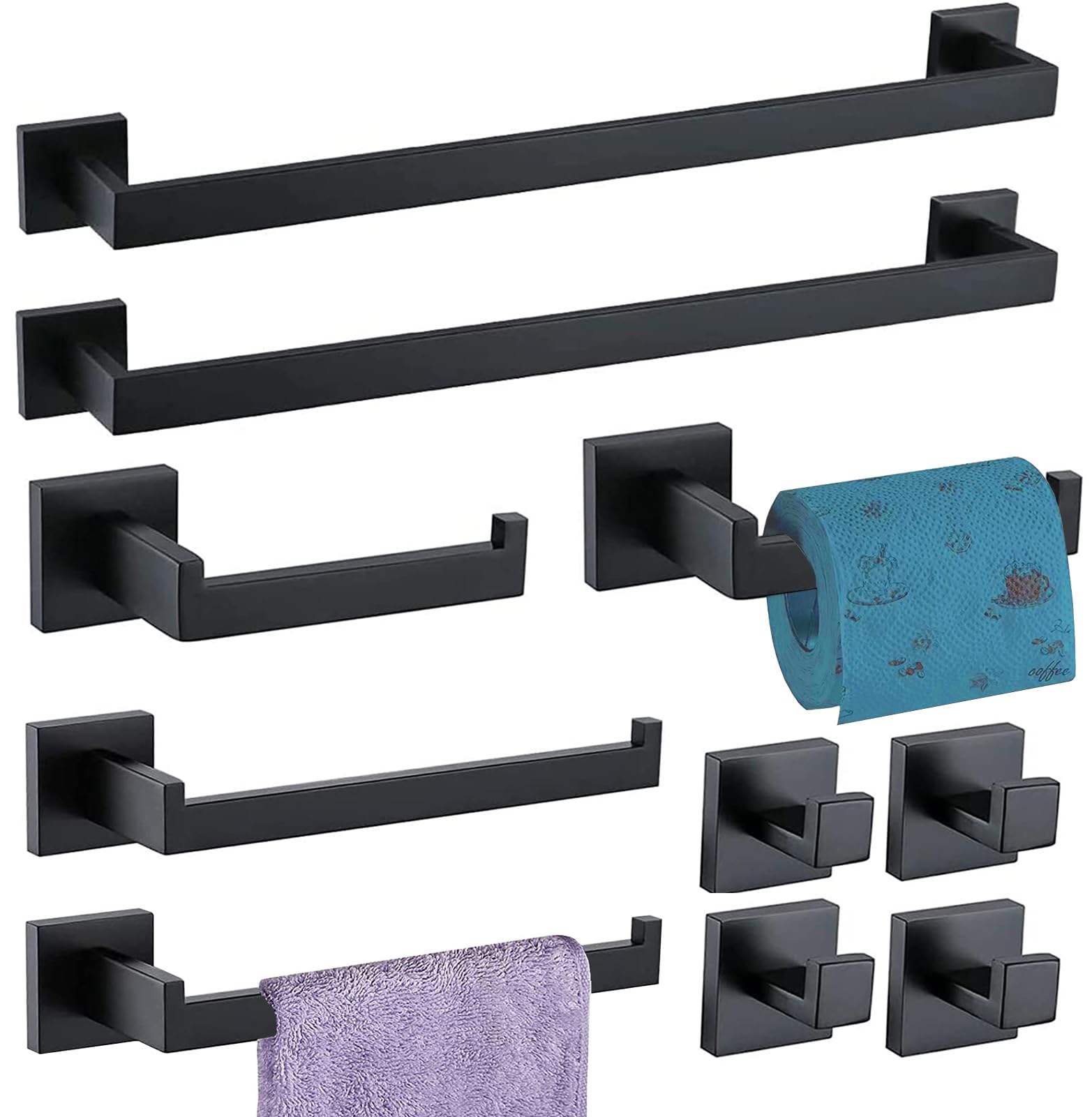 10-Pieces Bathroom Hardware Set Matte Black Bathroom Accessories Set Sus304 Towel Bar Set Includes 2 Towel Bar-24 Inch+2 Towel H