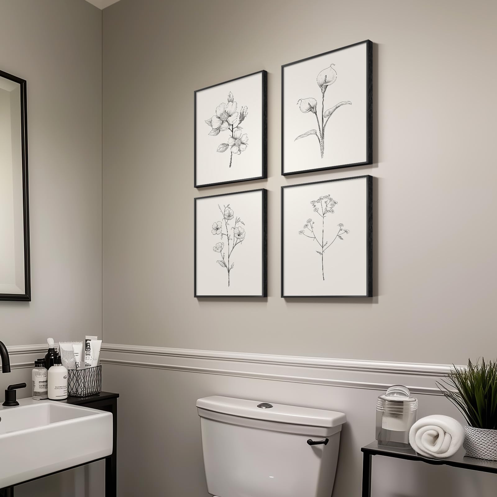 Black And White Floral Wall Art With Black Framed, Set Of 4 Rustic Canvas Paintings Prints Artwork For Walls, Minimalist Flower