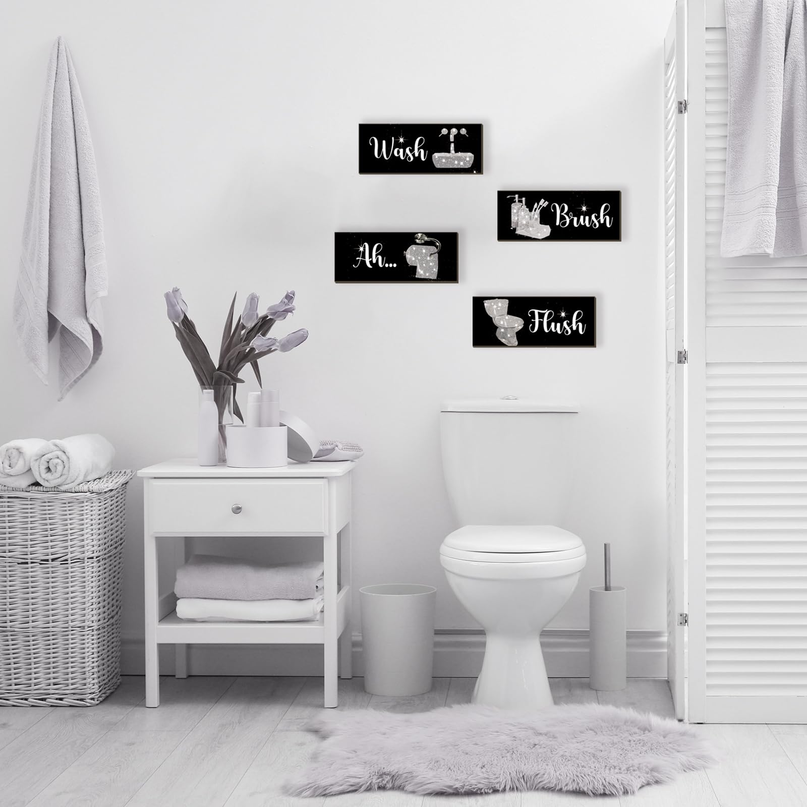FENCORDAR 4 Pcs Silver Bathroom Decor Funny Silver And Black Wall Art Wooden Bathroom Accessories Modern Funny Glitter Set for H