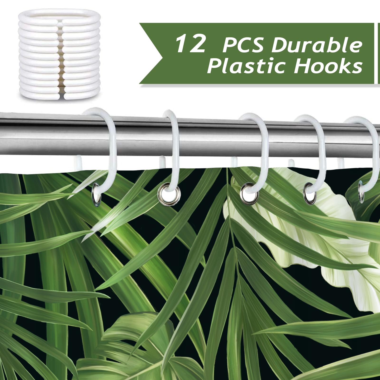 Bonhause Tropical Leaves Shower Curtain, Jungle Nature Theme Dark Green Palm Leaf Monstera Plant Bathroom Curtain 72X72 Inch Pol