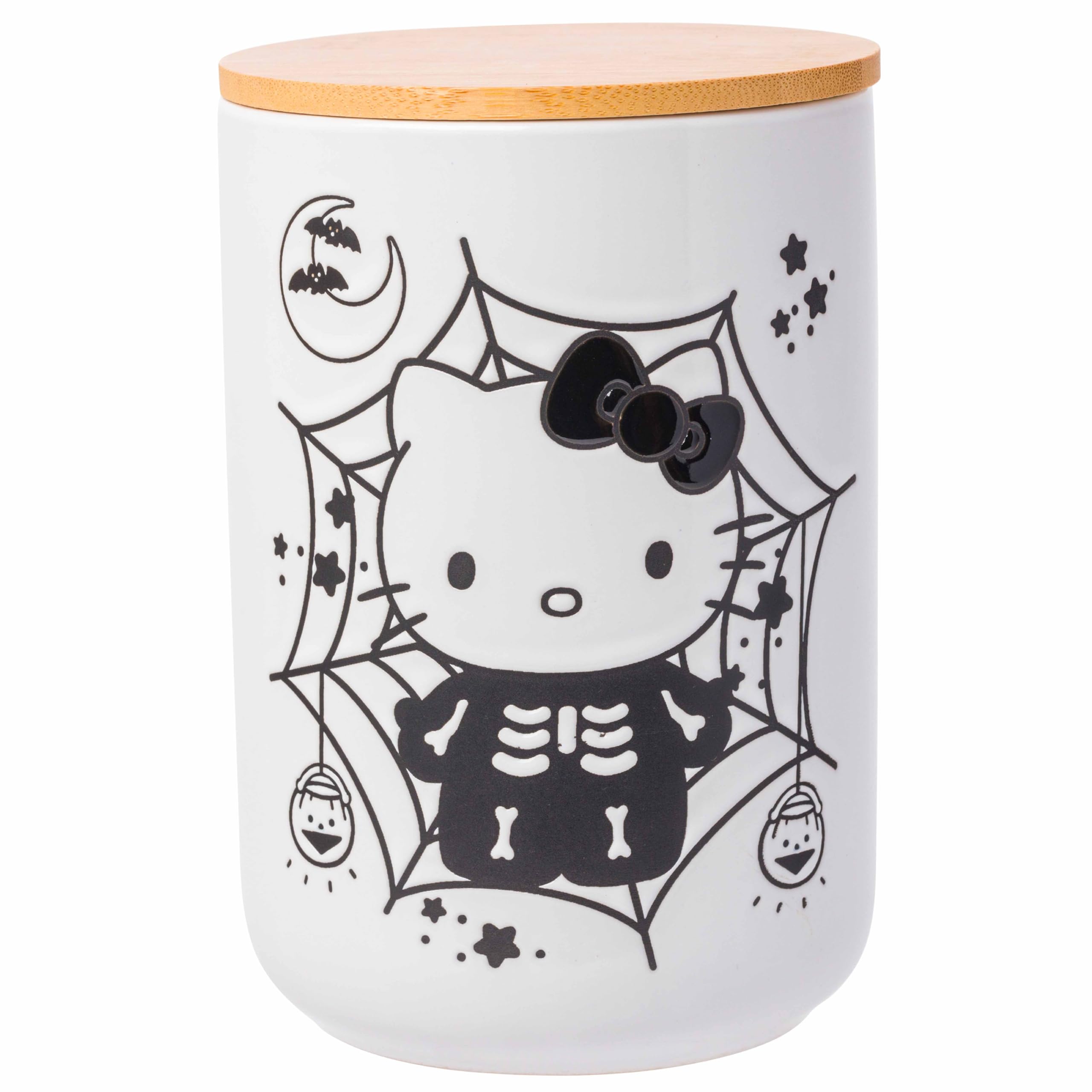 Silver Buffalo Sanrio Hello Kitty Halloween Spooky Skeleton Web Ceramic Cookie Snack Candy Jar With Airtight Bamboo Lid, Black A