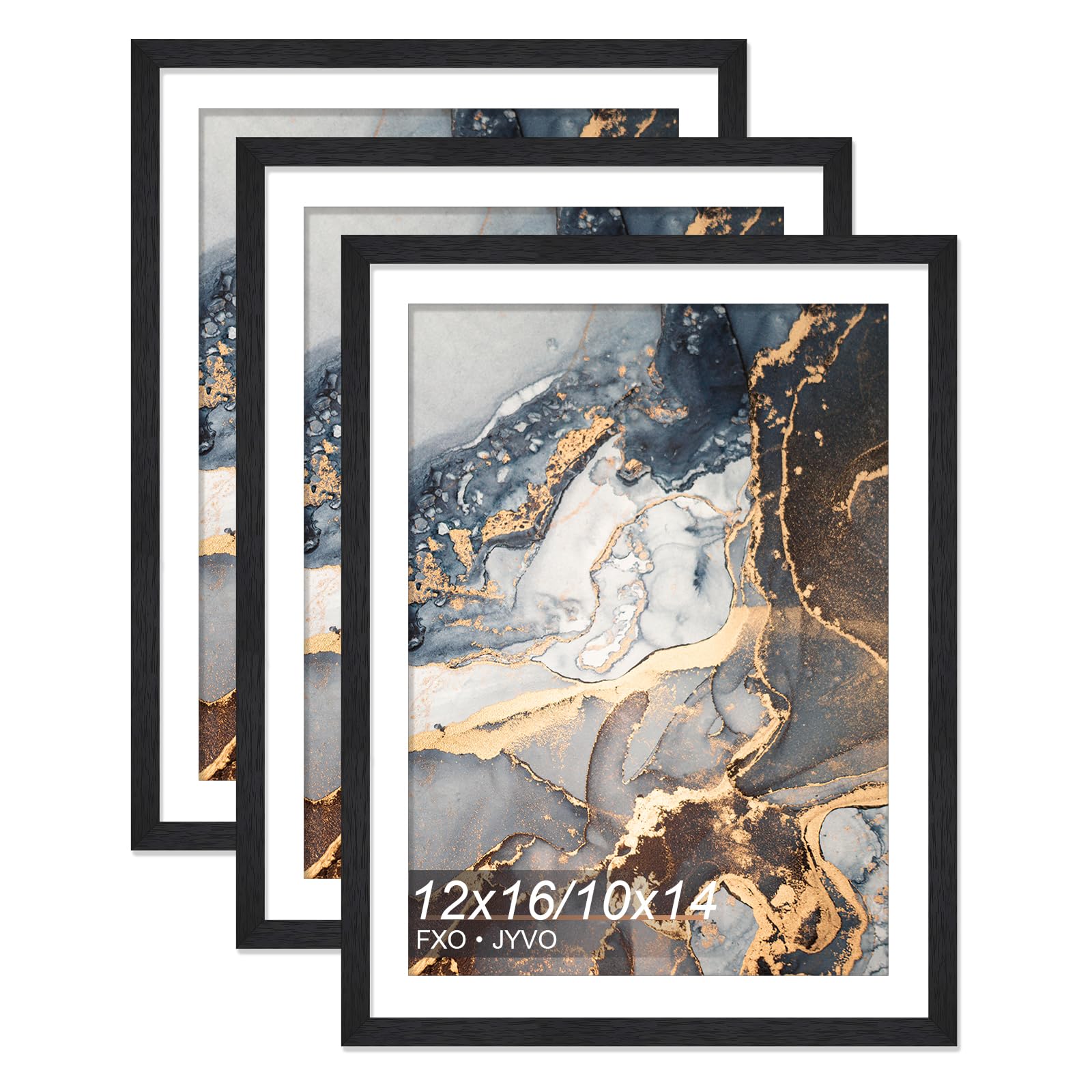 Fxojyvo Engineered Wood Black 12 x 16 Frame Set of 3, Display Picture 10x14 with Mat or 12x16 Without Mat, Picture Frame with Wo