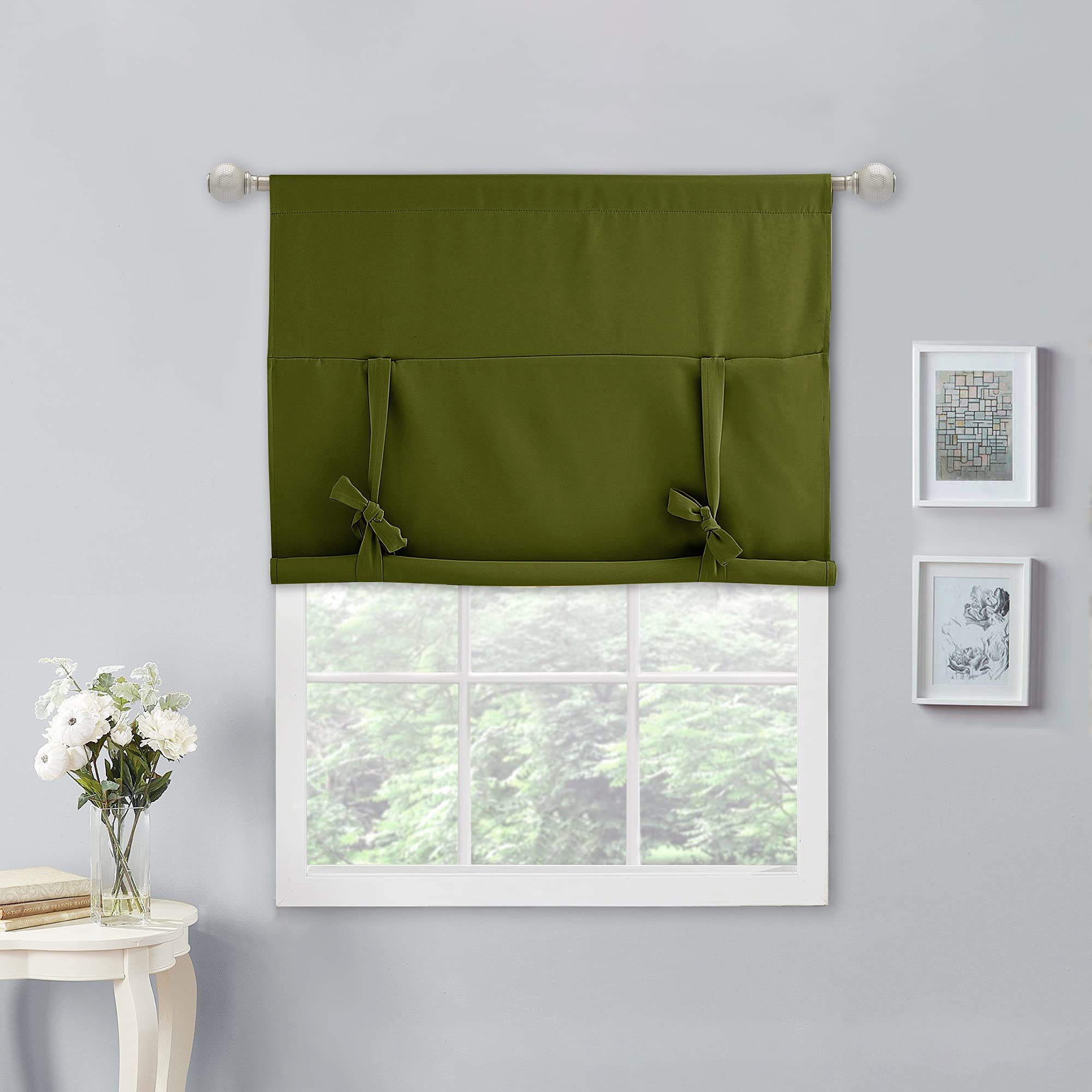 NICETOWN Short Blackout Curtain - Tie Up Shade for Window Thermal Insulated Room Darkening Rod Pocket Panel for Kitchen Christma