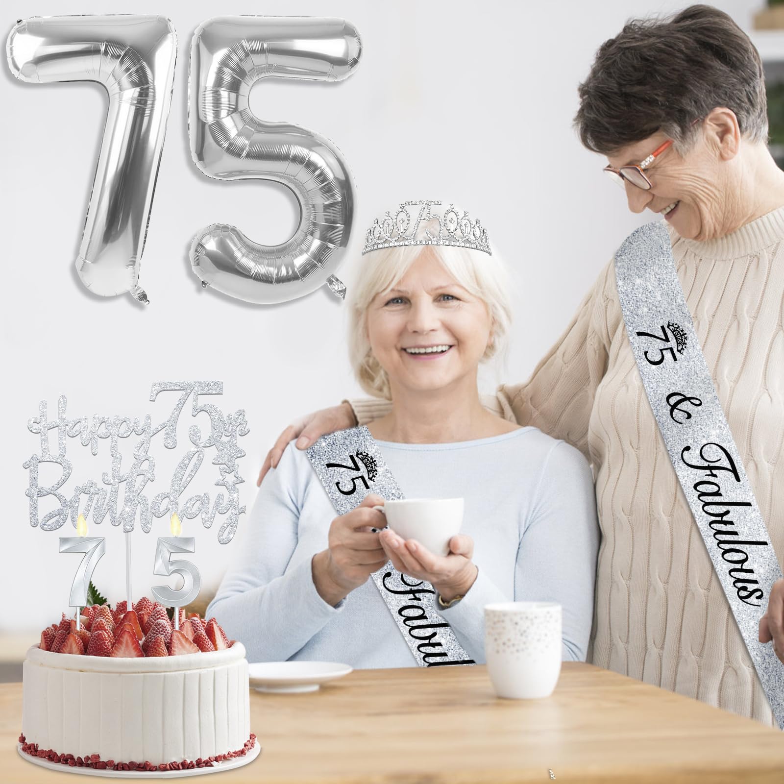 75th Birthday Decorations for Women Silver with 75th Birthday Sash and Tiara, Cake Topper and Candles, Silver Number Balloons, 7