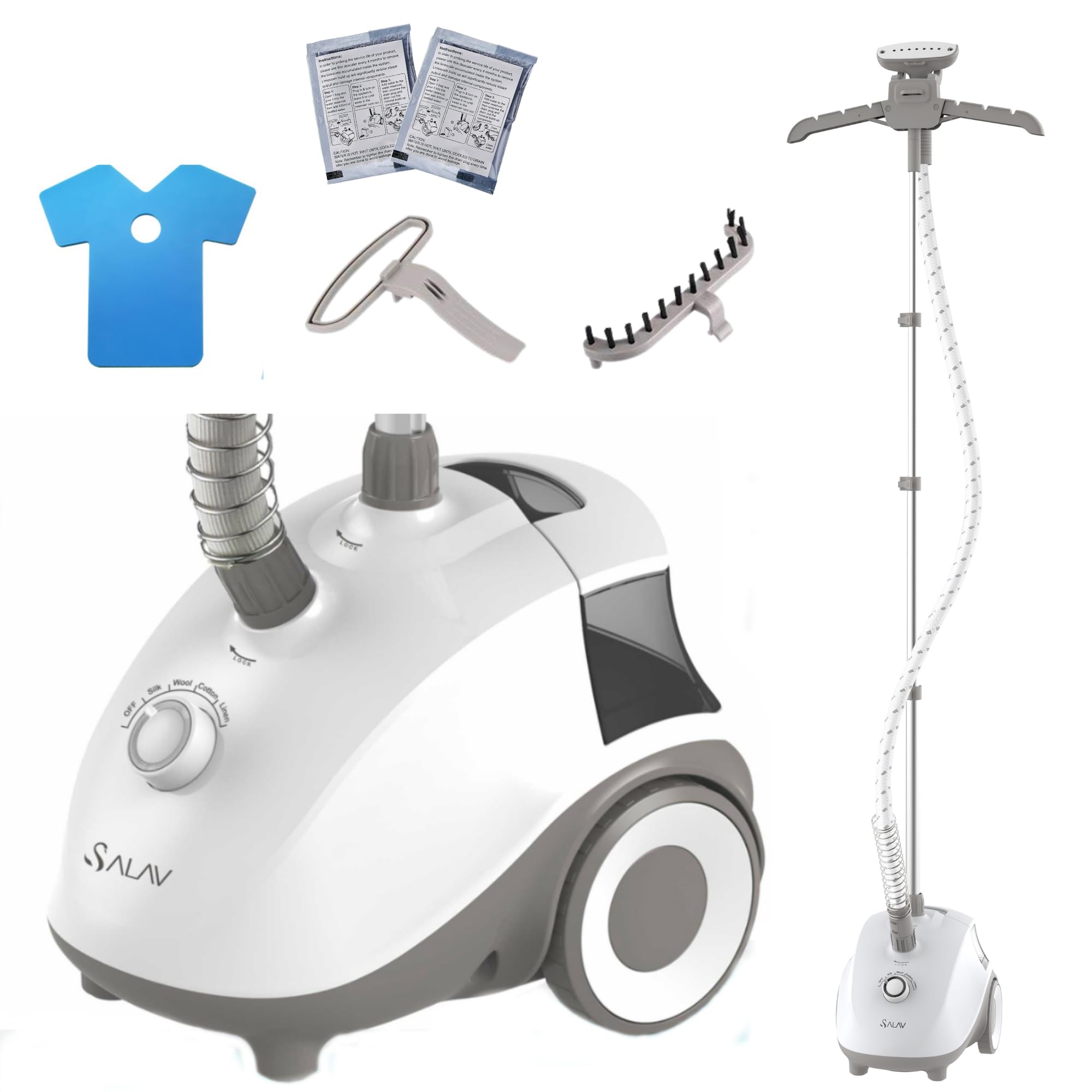Salav Standing Steamer For Clothes, 1500W Powerful Garment Steamer With Roll Wheels, 4 Steam Settings, High Efficiency Stainless