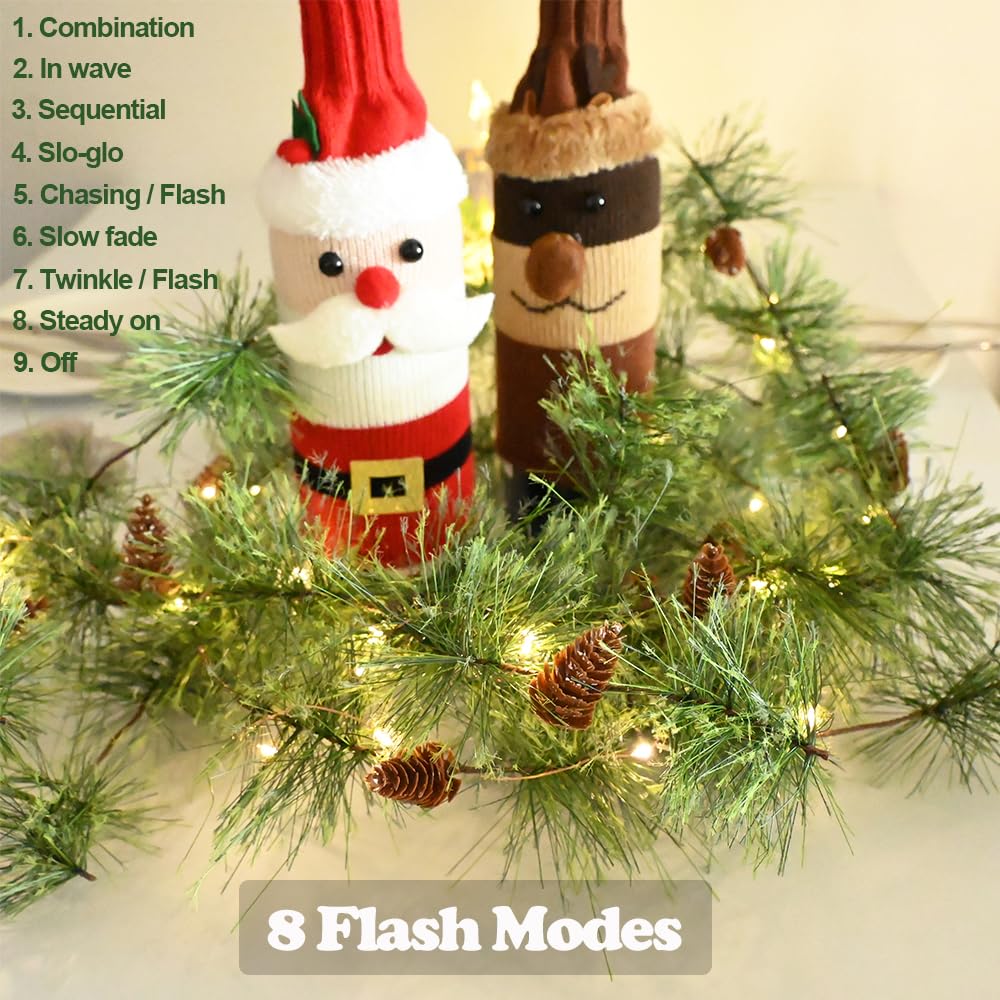 HamiFinee Christmas Garland with LED Fairy Lights 13FT Battery Operated Smokey Pine Garlands with 8 Flash Modes and Timer Pine C