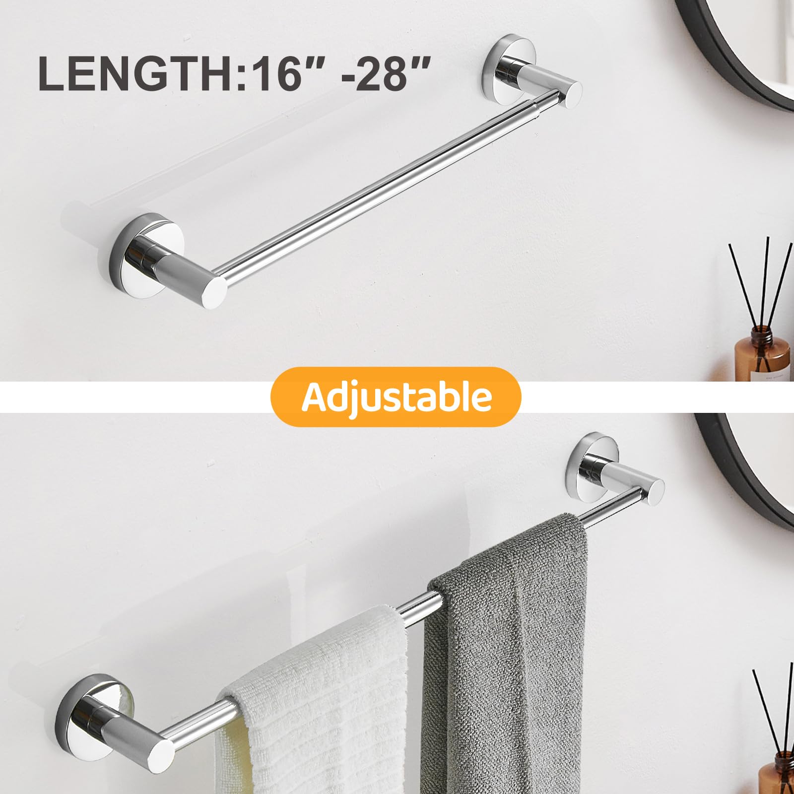Besy Adjustable 15.9 To 28.6 Inch Single Bath Towel Bar Rack For Bathroom Accessories Sus304 Stainless Steel Towel Holder, Wall