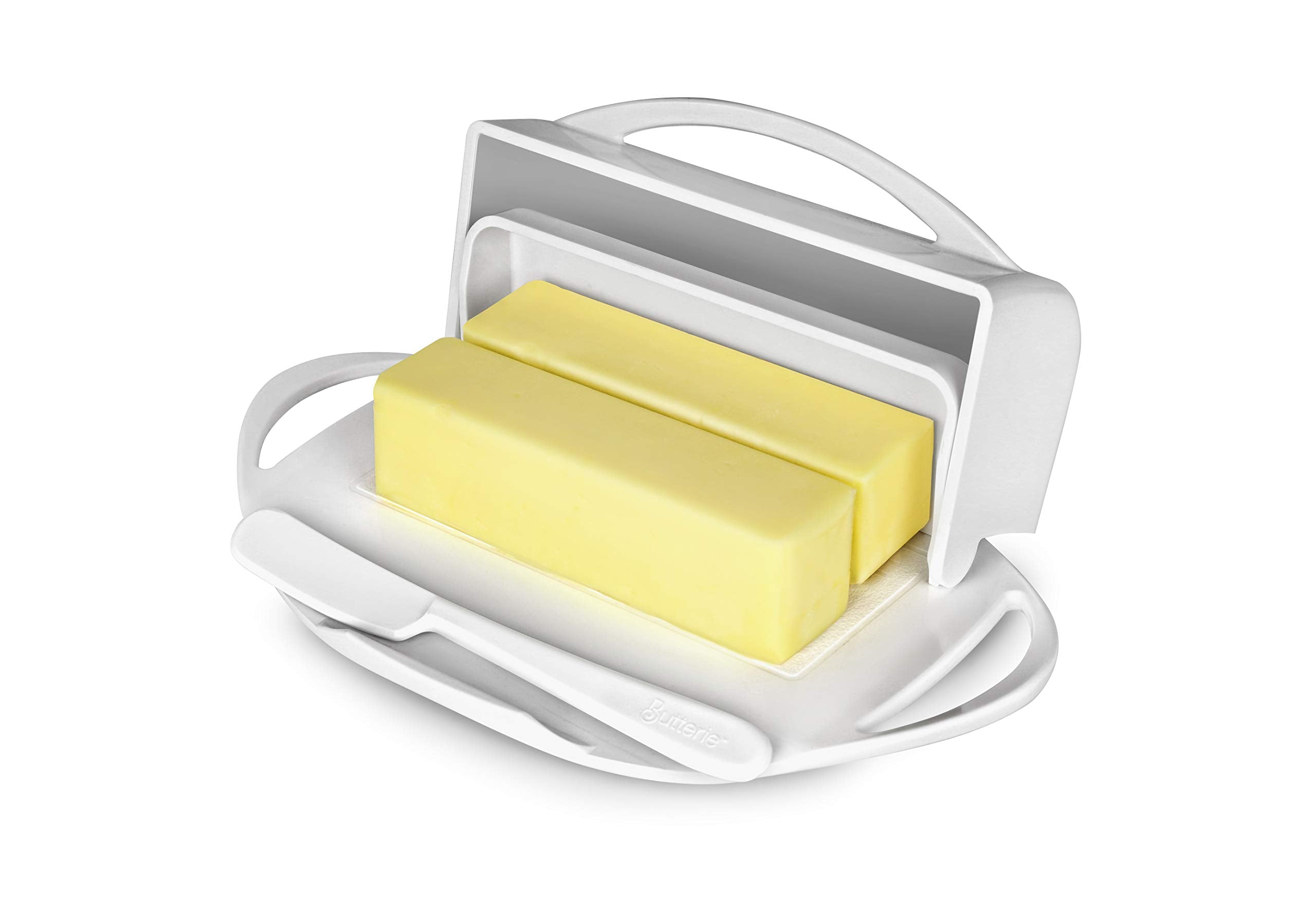 Butterie Flip-Top Butter Dish with Lid & Knife, Shatterproof, 9" x 5.5" x 3", White, Model BTRWHT1001