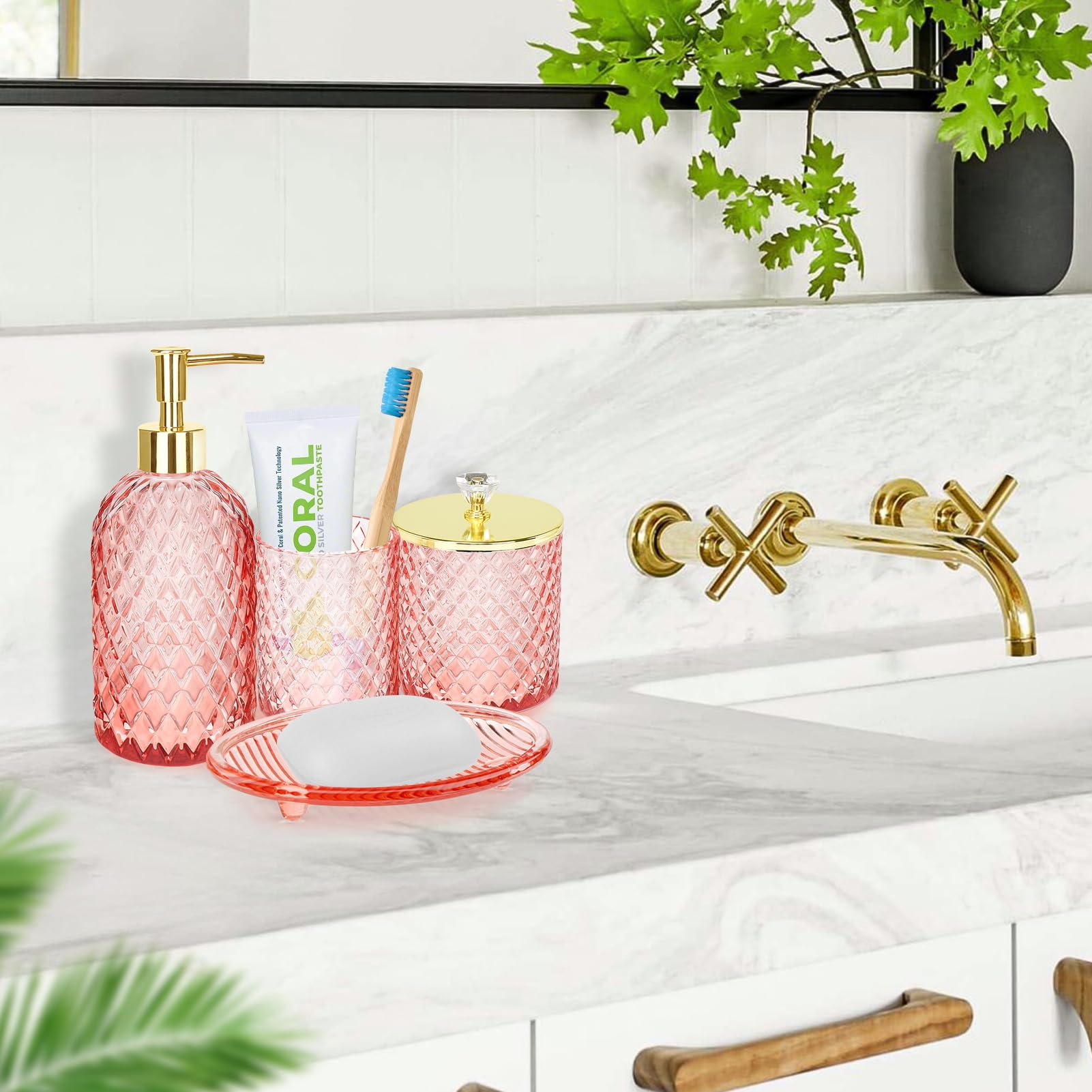 Haturi Pink Bathroom Accessories Set, 4 Pcs Glass Bathroom Accessory Set Complete W/Soap Dispenser, Toothbrush Holder, Qtip Hold