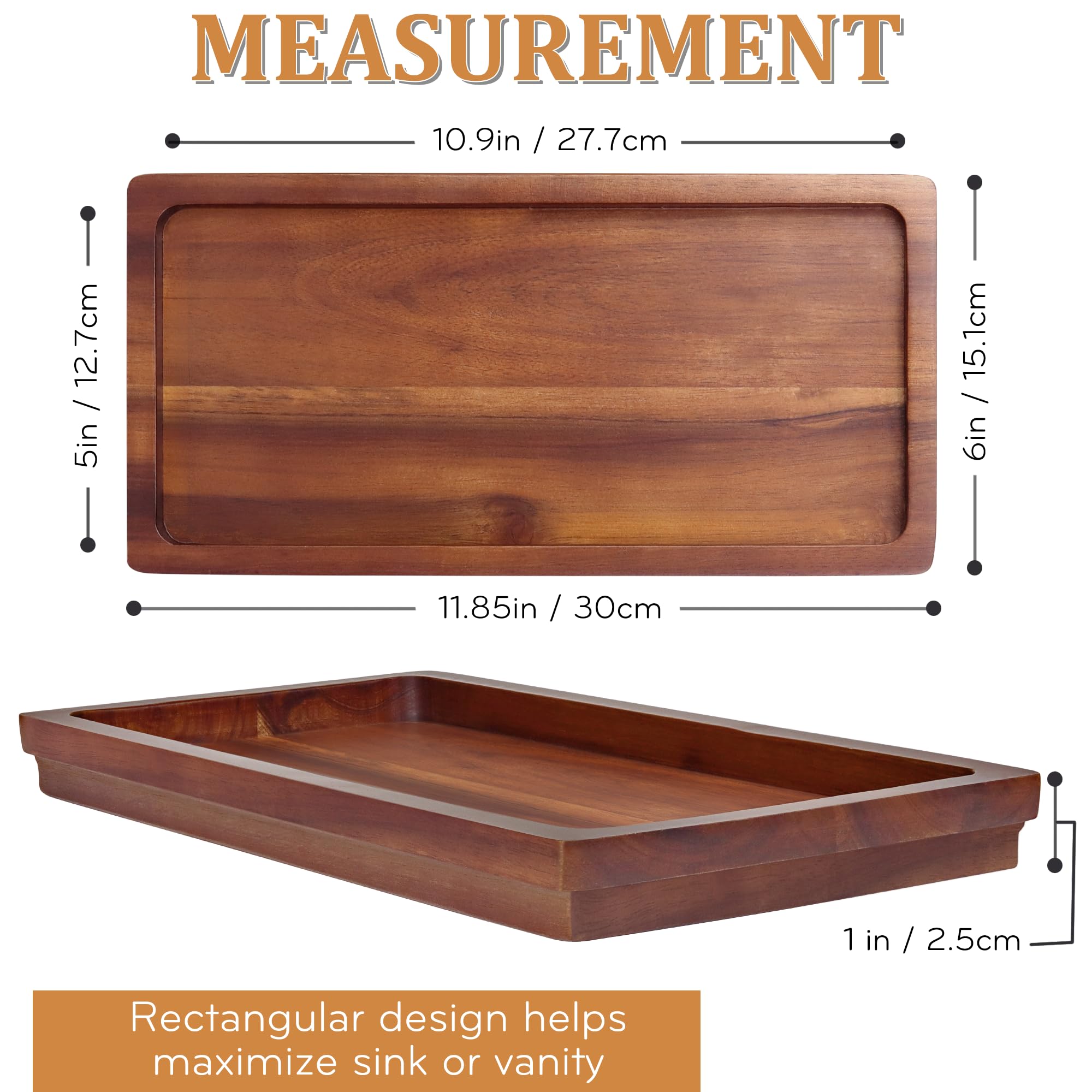 Bathroom Vanity Tray 11.8 X 5.9 Inches Of Natural Acacia Wood - Elegant Organizer For Cosmetics, Jewelry, Perfume, Candle, Key -