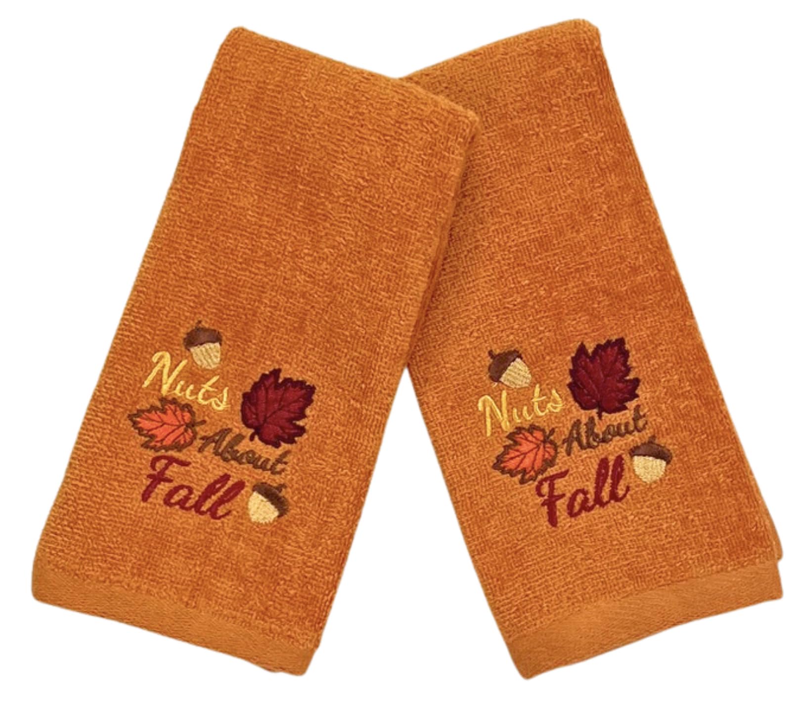 Serafina Home Decorative Fall Decor Fingertip Towels: Embroidered Nuts About Fall Acorns Leaves On Plush Orange, 2 Piece Set, 11