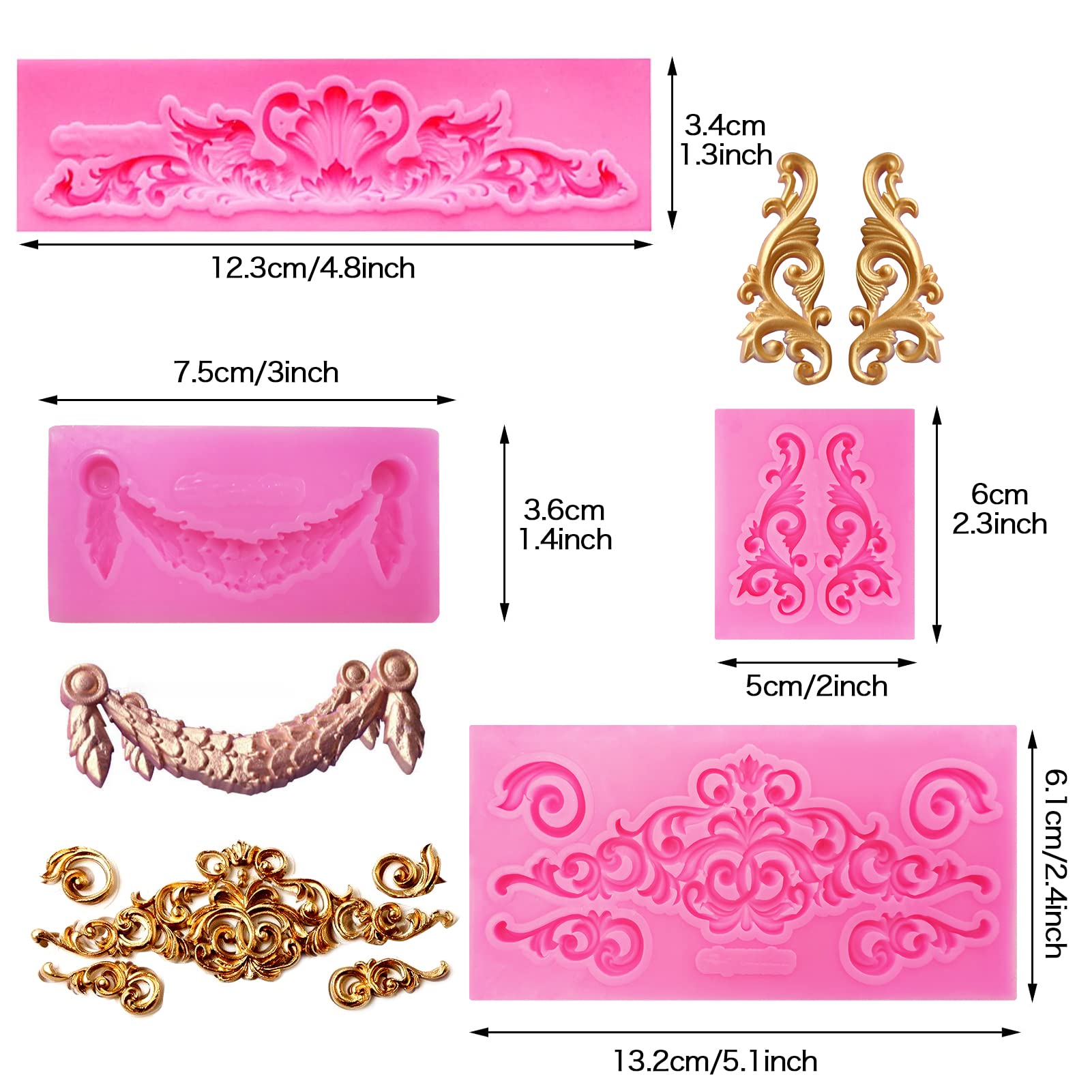 Rainmae 6 Pcs Baroque Style Curlicues Scroll Lace Fondant Silicone Mold, Relief Flower Lace Mould Filigree Mold 3D Sculpted Deco