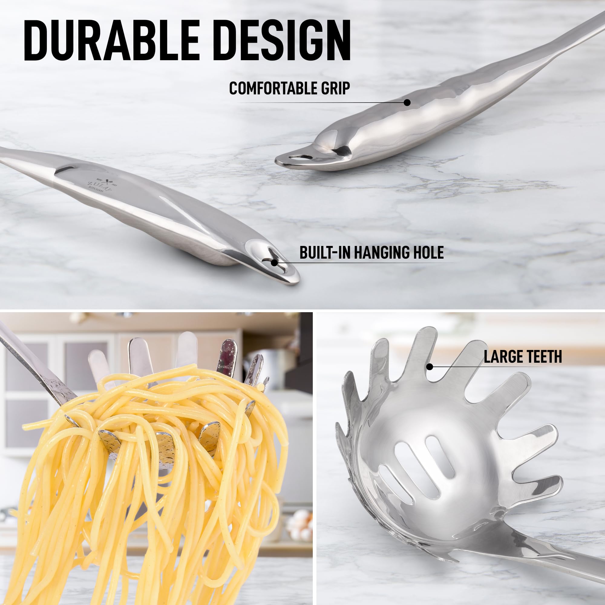 Zulay Kitchen Premium Stainless Steel Spaghetti Spoon - Pasta Spoon With Teeth - Metal Pasta Spoon - Pasta Fork Noodle Spoon - E