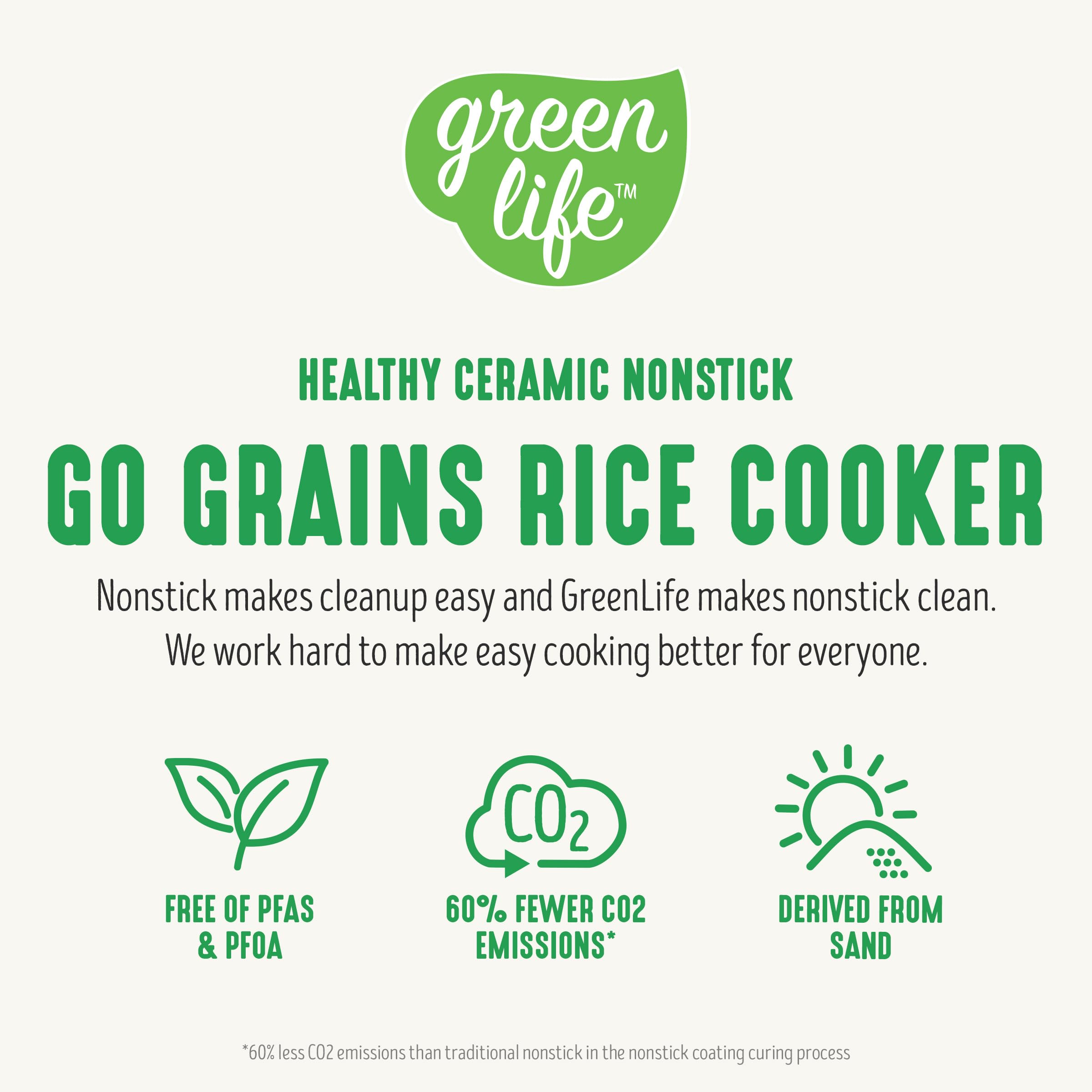 Greenlife 4-Cup Digital Rice Cooker, Pfas & Pfoa-Free Removable Ceramic Dishwasher Safe Pot, Healthy Cooking Oats Grains & More,