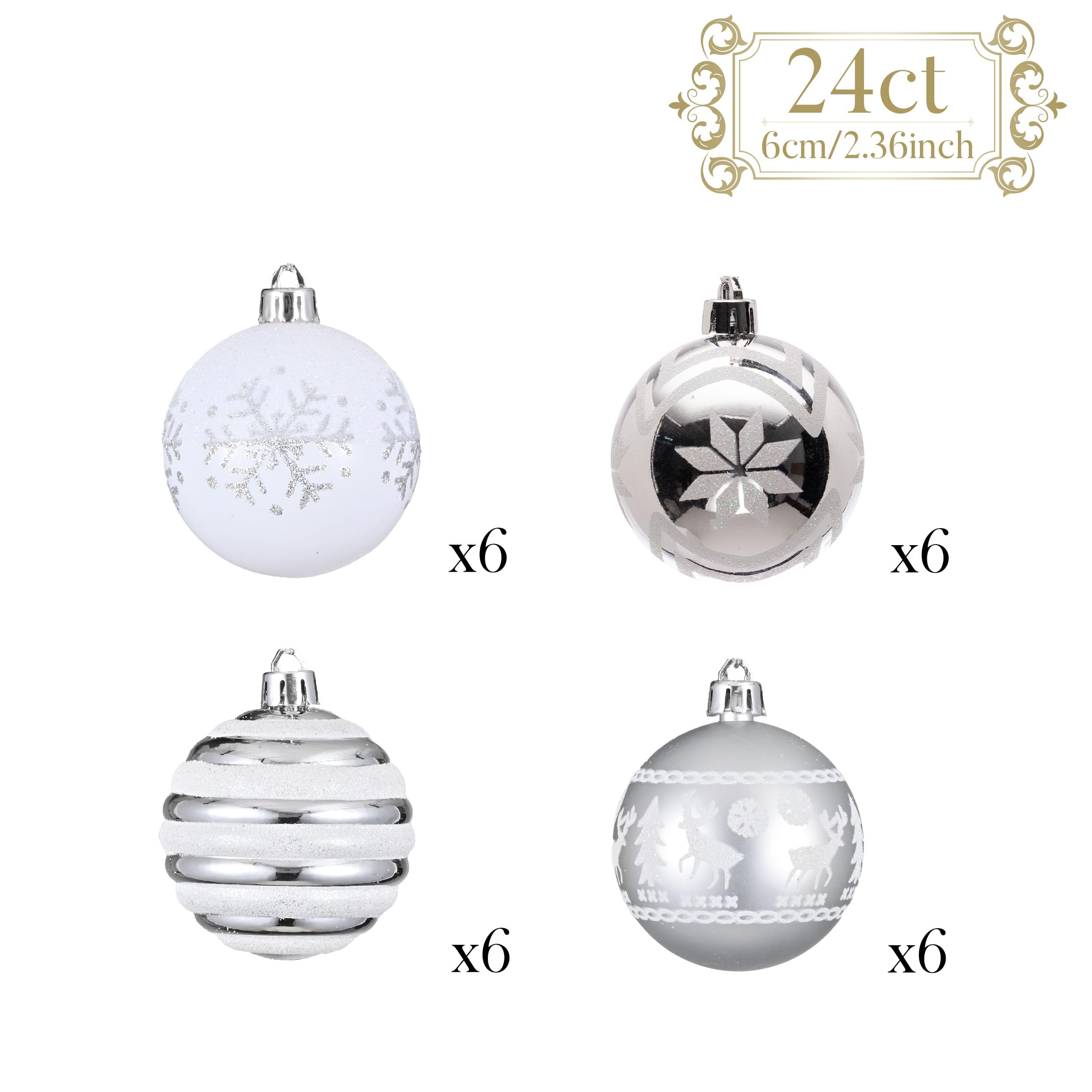 Valery Madelyn Christmas Ornaments Tree Decorations, 24ct White and Silver Shatterproof Christmas Ball Ornaments Set, 2.36 Inch