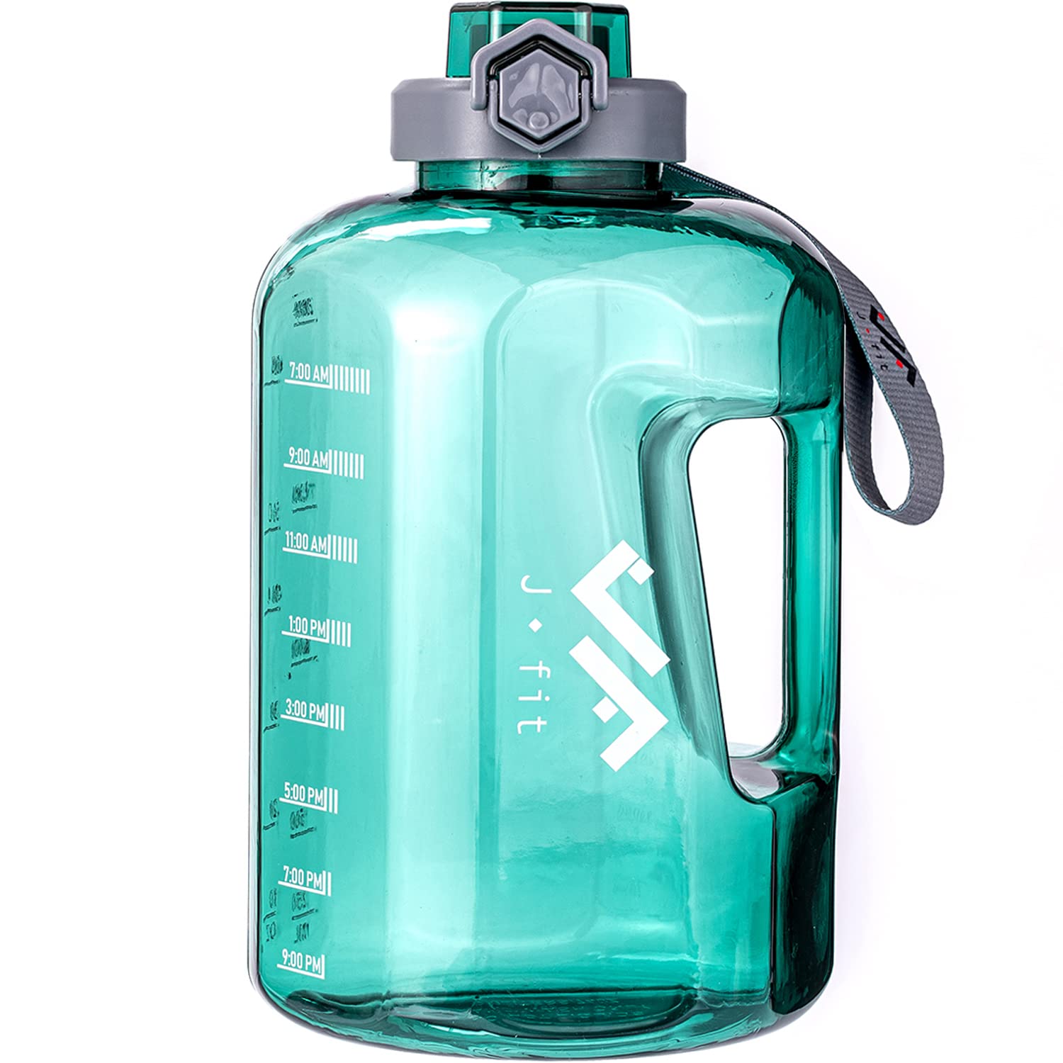 JFIT BPA Free Reusable Sports Water Bottle w/Time Markers, Leakproof FlipTop Lid & Carry Strap  Durable PETG, 2.28 WideMouth