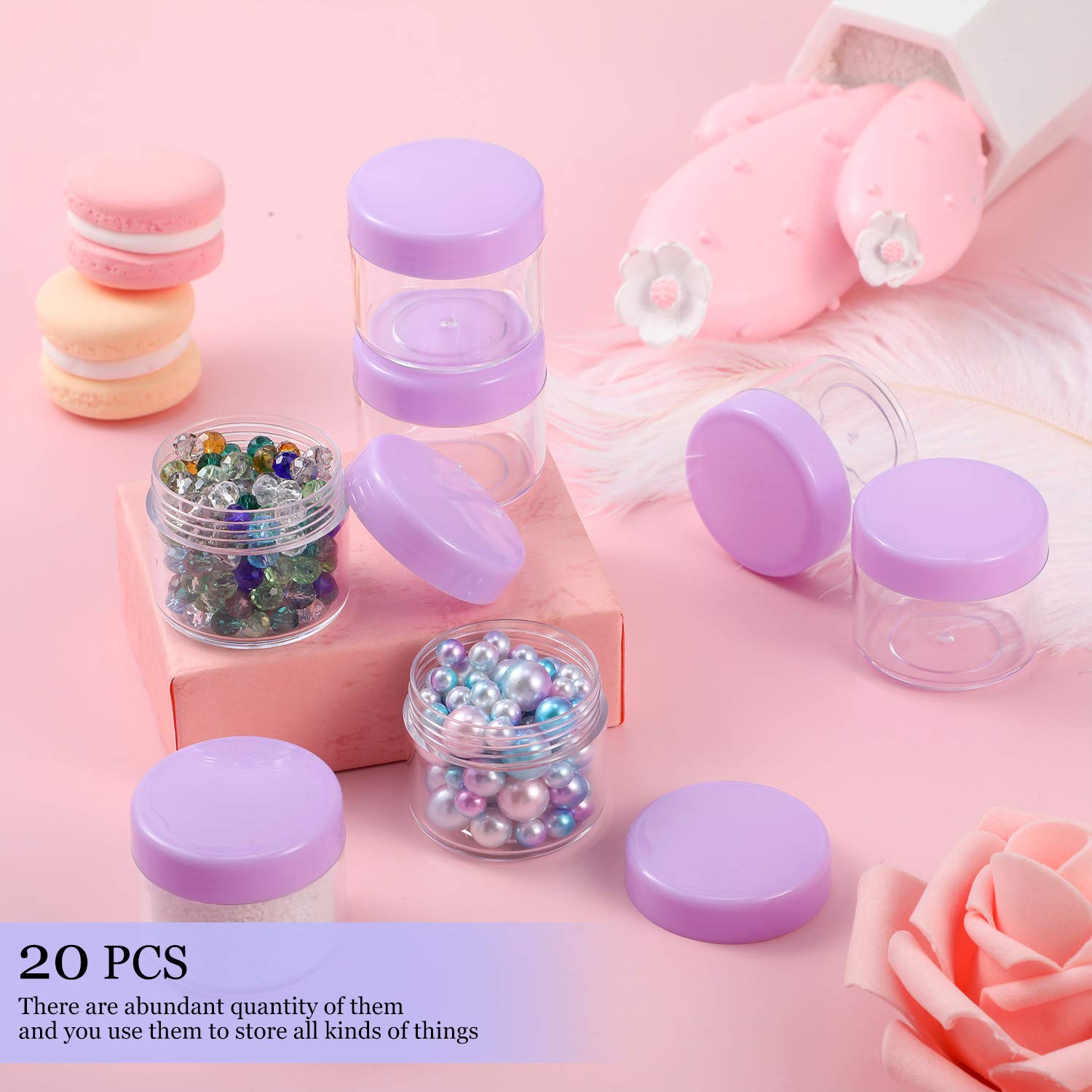20 Pieces Round Pot Jars Plastic Cosmetic Containers Set With Lid For Liquid Creams Sample, 20 Ml/ 0.7 Oz (Purple Lid)