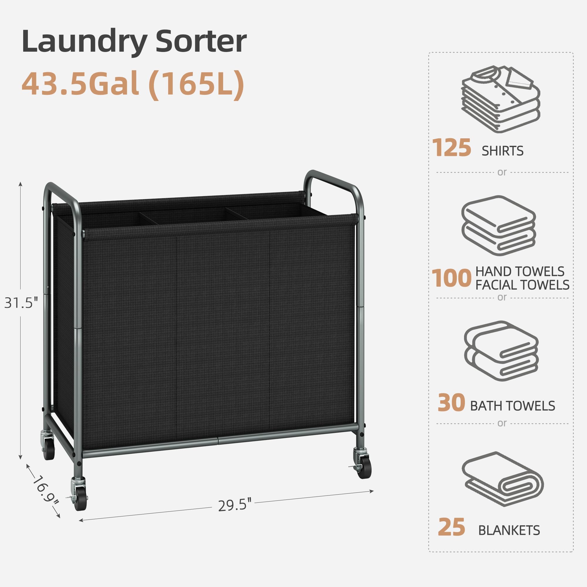 Storage Maniac Laundry Hamper, 165L Laundry Basket With Lockable Wheels, Rolling Laundry Sorter Cart, Laundry Separator Hamper,