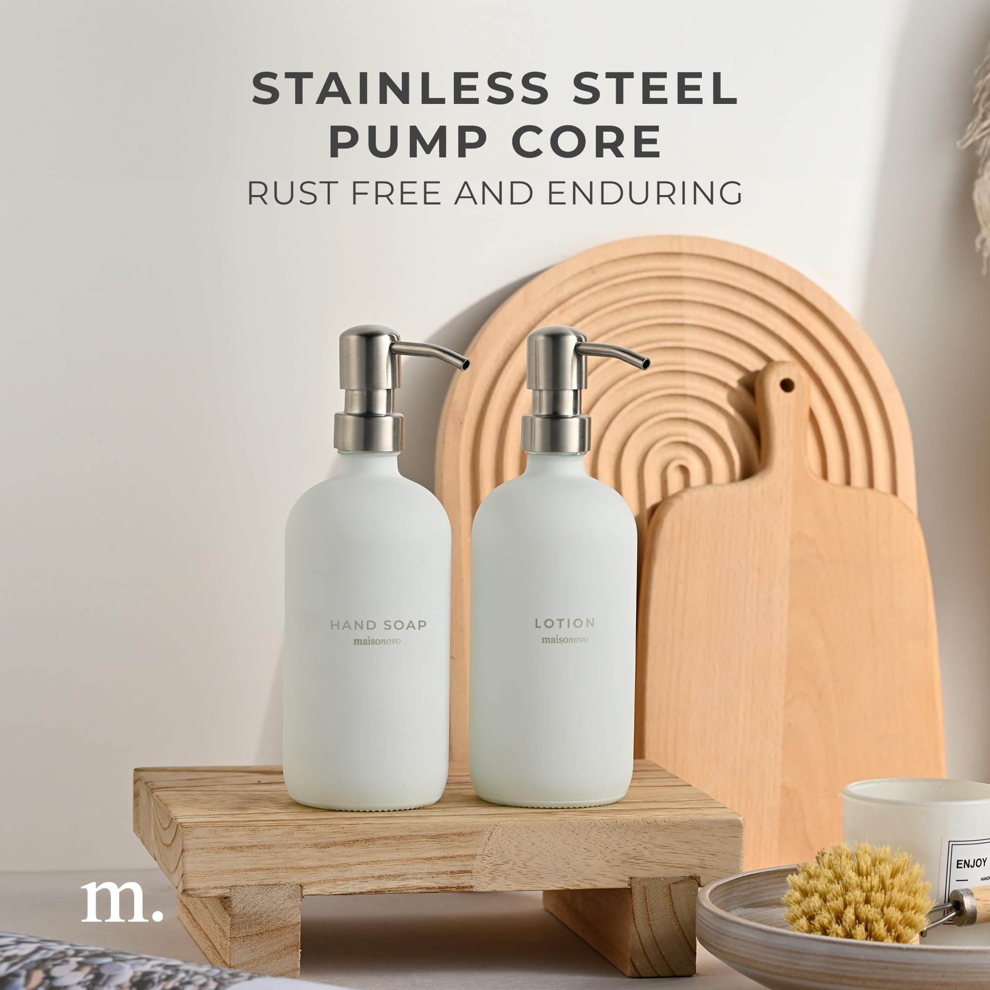 Maisonovo Bathroom Soap And Lotion Dispenser Set | 16.9 Fl Oz White Glass Silver Pumps X 2